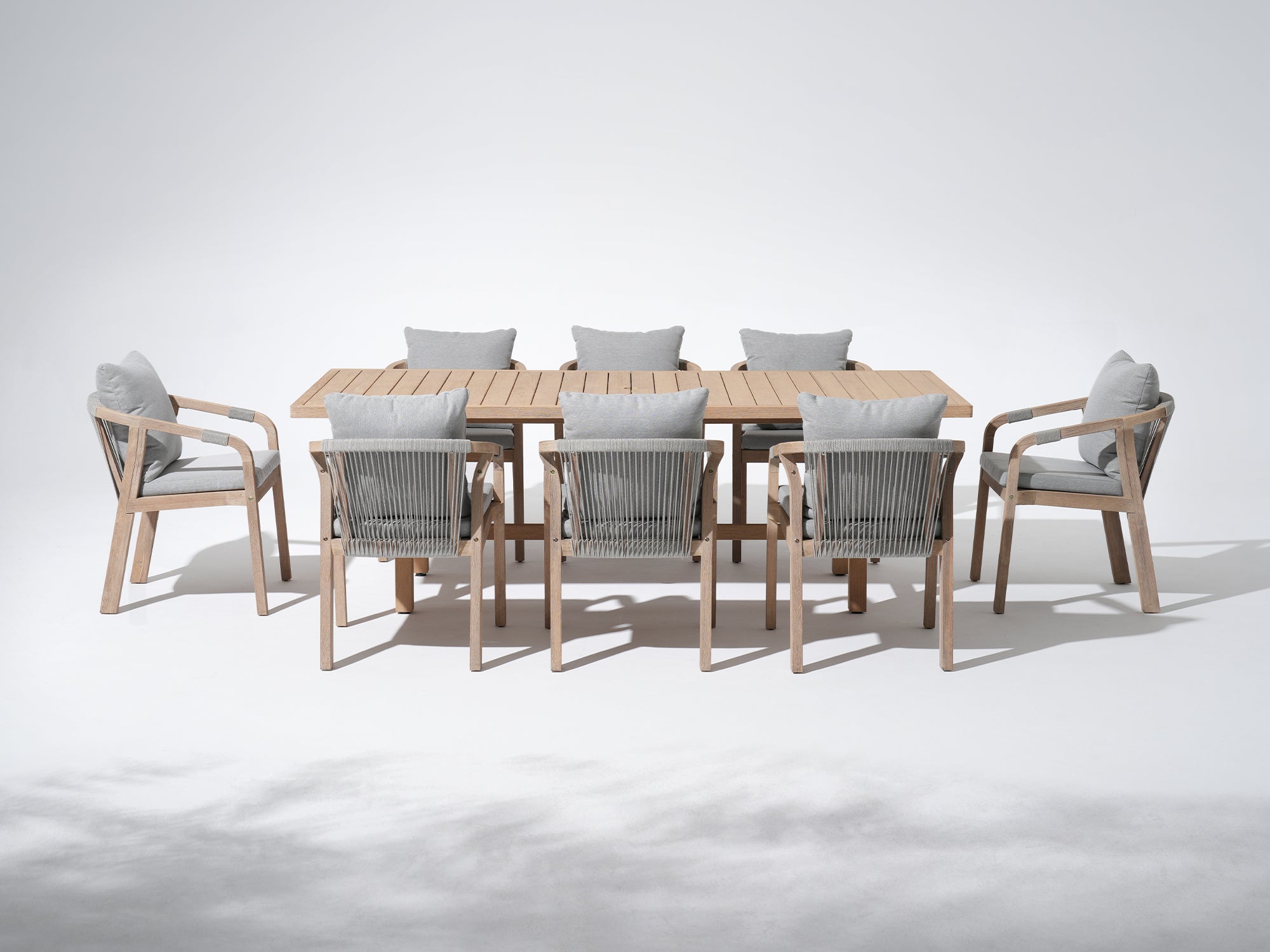 rectangular wood Outdoor furniture set for 8 with umbrella hole and rope design chairs - Jardina Premium Modern Outdoor Dining Furniture