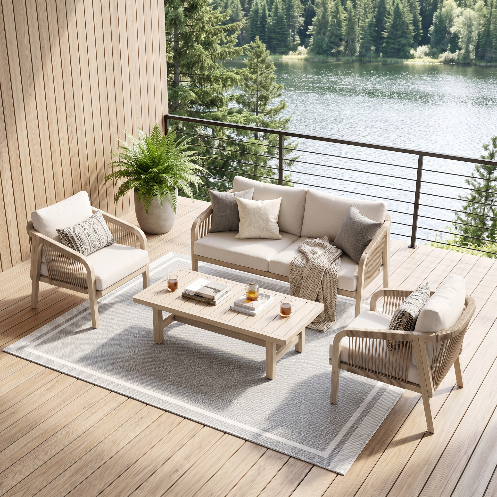 Thalea 4-Piece Wooden Outdoor Conversation Set, Rope Patio Furniture with Cream Cushions