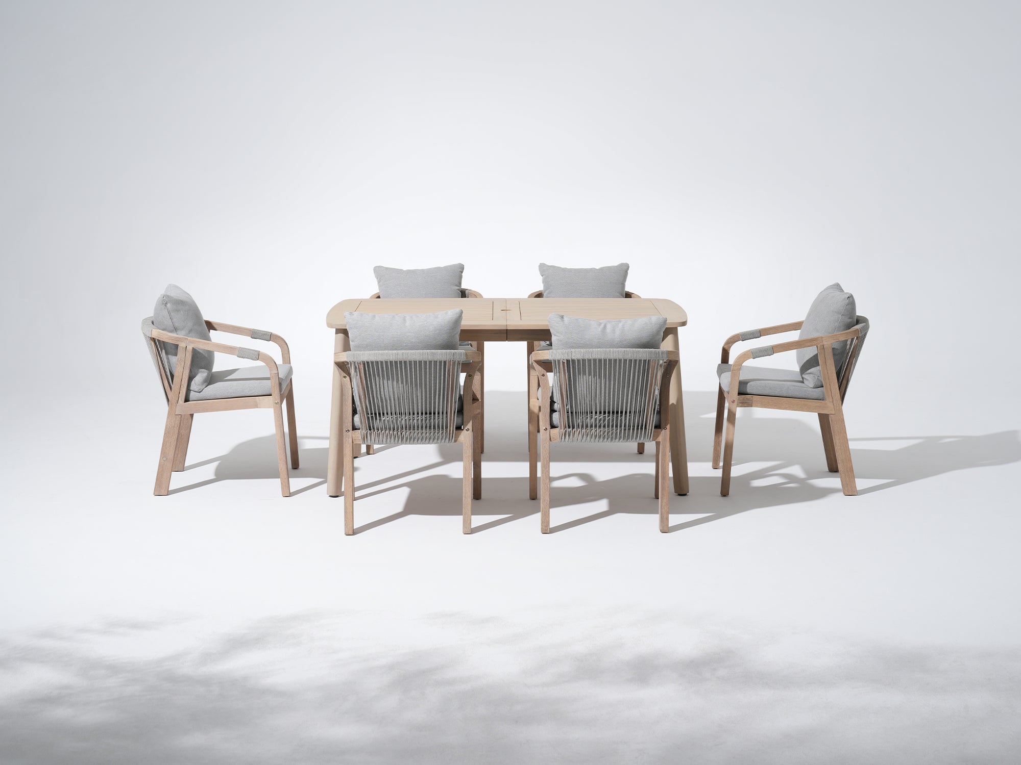 acacia wooden Outdoor furniture dining set for 6 people with umbrella hole, rope design and gray cushions - Jardina Premium Modern Outdoor Dining Furniture
