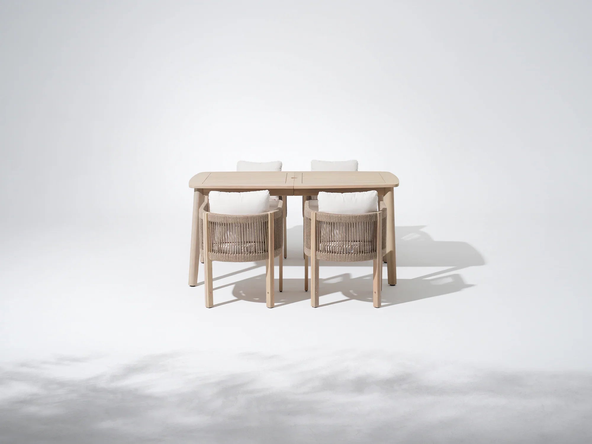 acacia Wooden outdoor dining set for 4 with umbrella hole, a rectangular table and 4 chairs with cushions