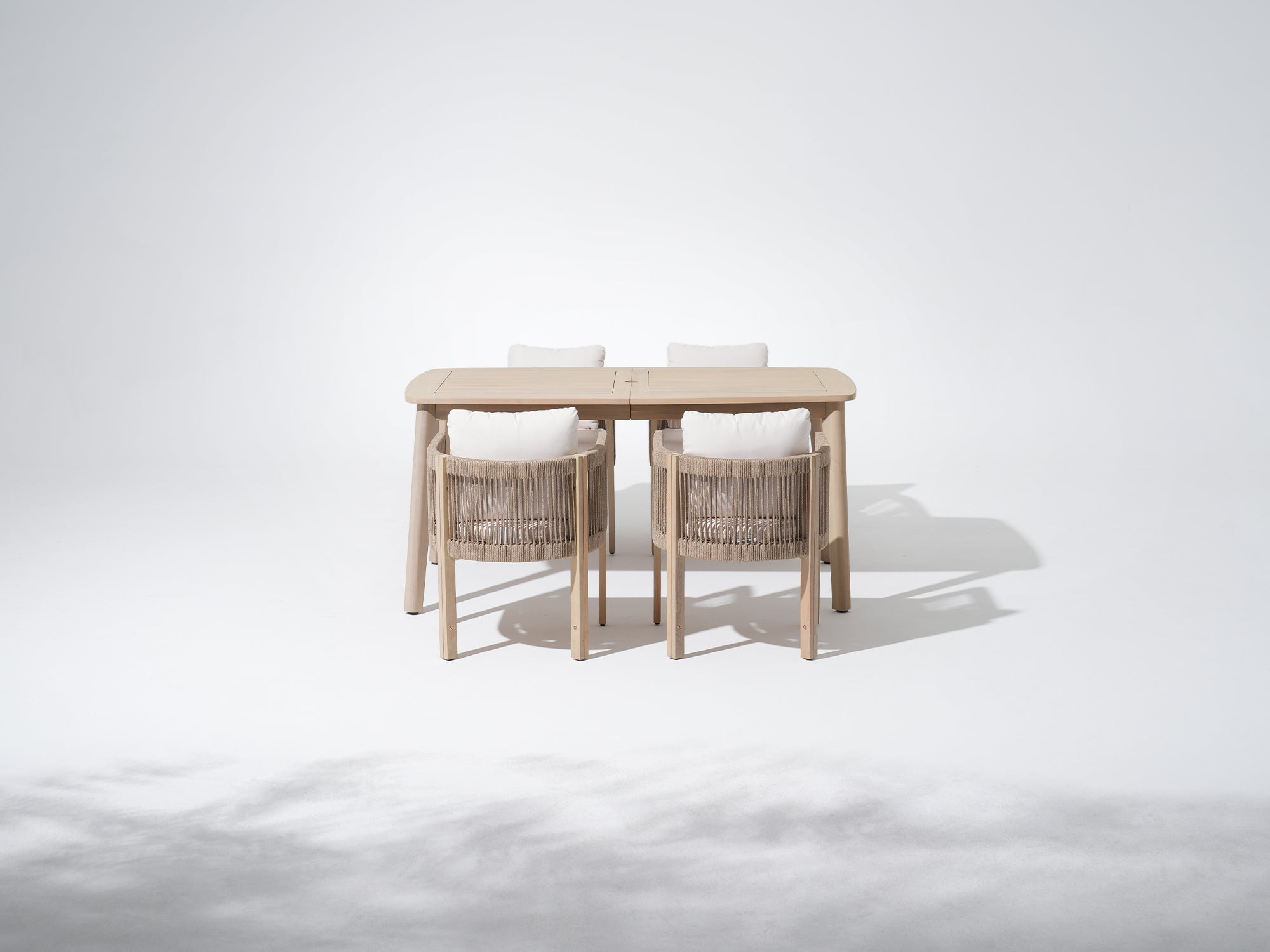 acacia Wooden outdoor dining set for 4 with umbrella hole, a rectangular table and 4 chairs with cushions