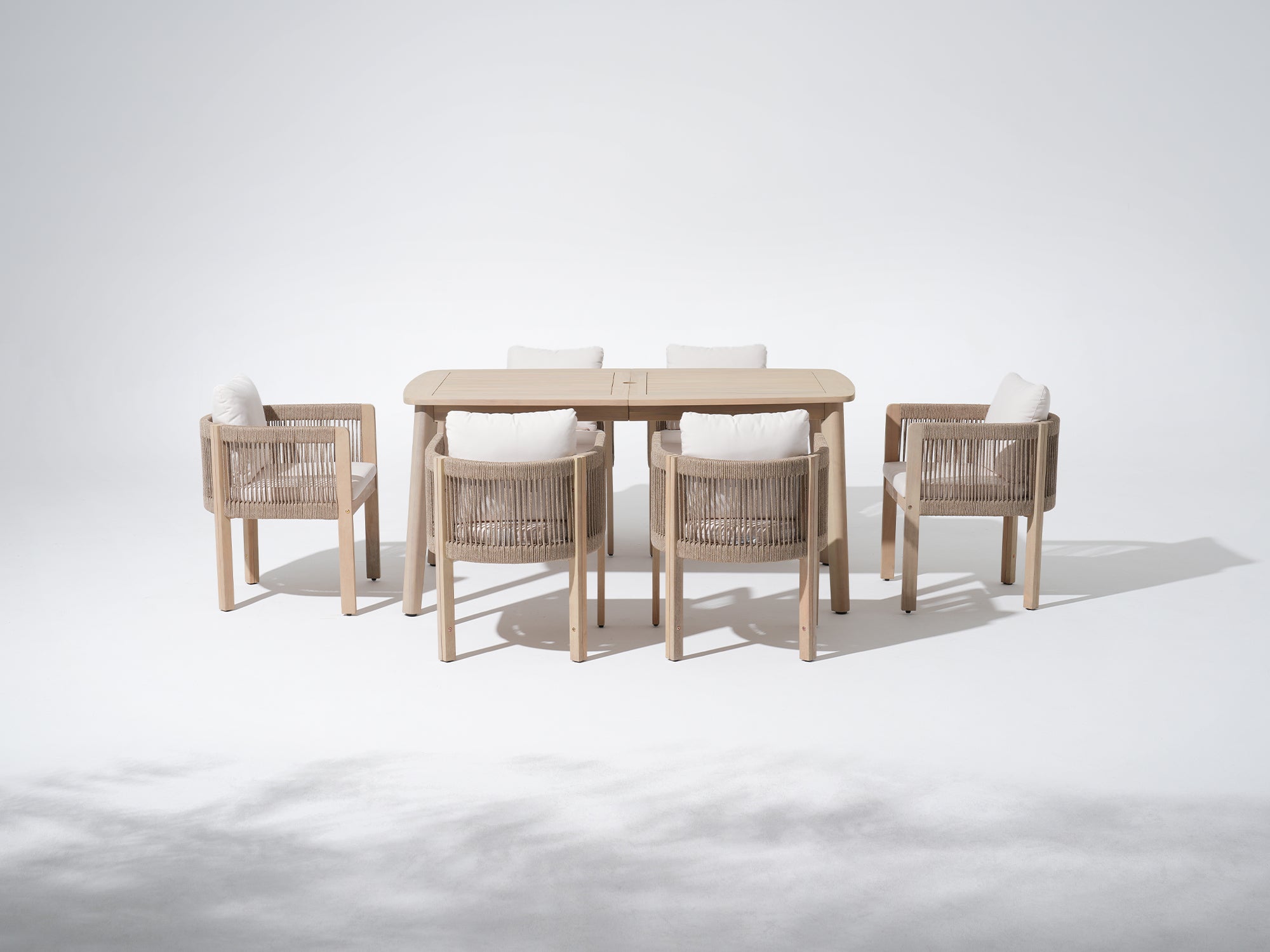 acacia wood Outdoor furniture set for 6 with umbrella hole, a rectangular dining table and matching chairs with rope design - Jardina Premium Modern Outdoor Dining Furniture