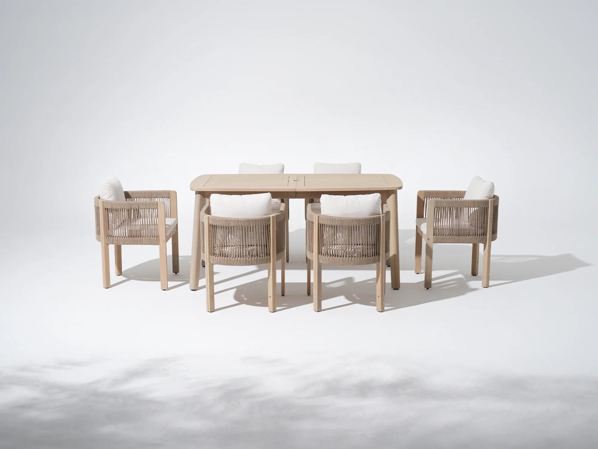 acacia wood Outdoor furniture set for 6 with umbrella hole, a rectangular dining table and matching chairs with rope design - Jardina Premium Modern Outdoor Dining Furniture