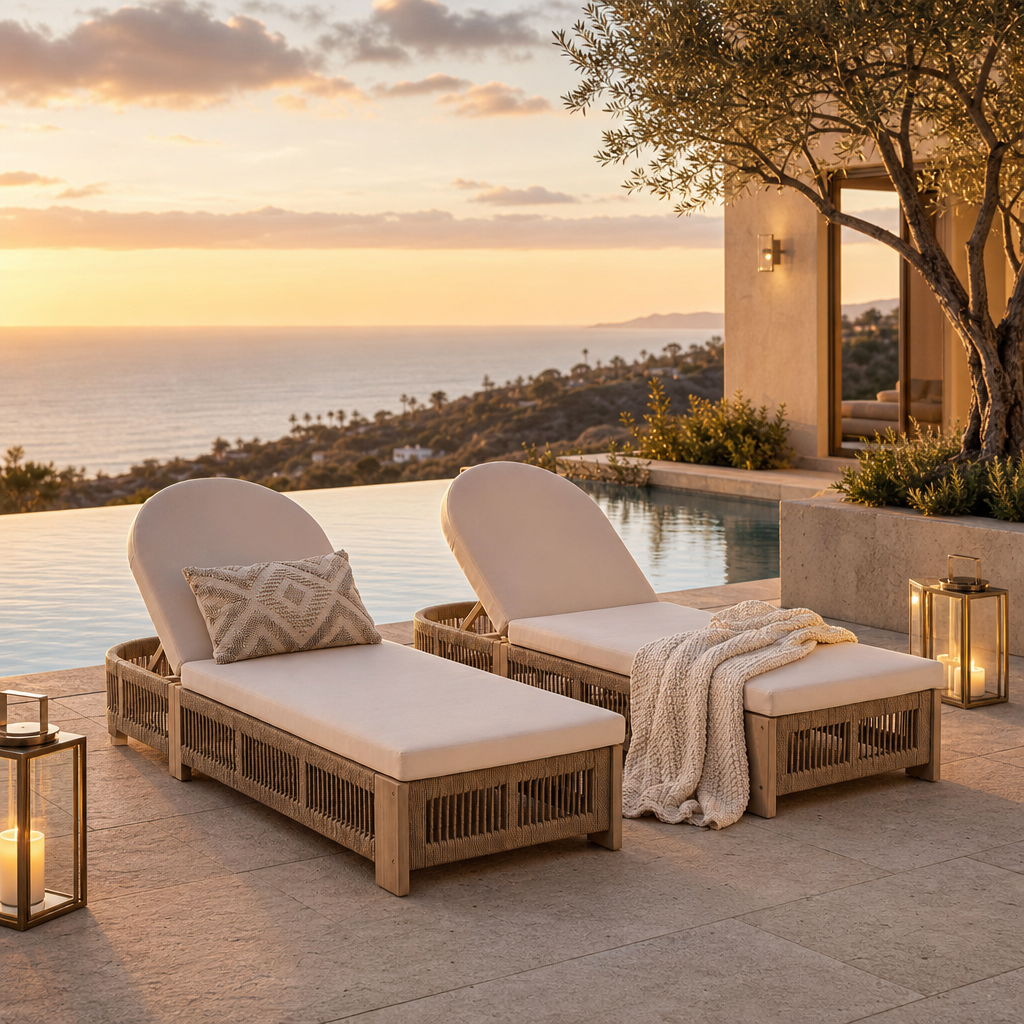Foristern Wooden Outdoor Chaise Lounge Chair, Rope Design, Adjustable Backrest with Thick Cushion