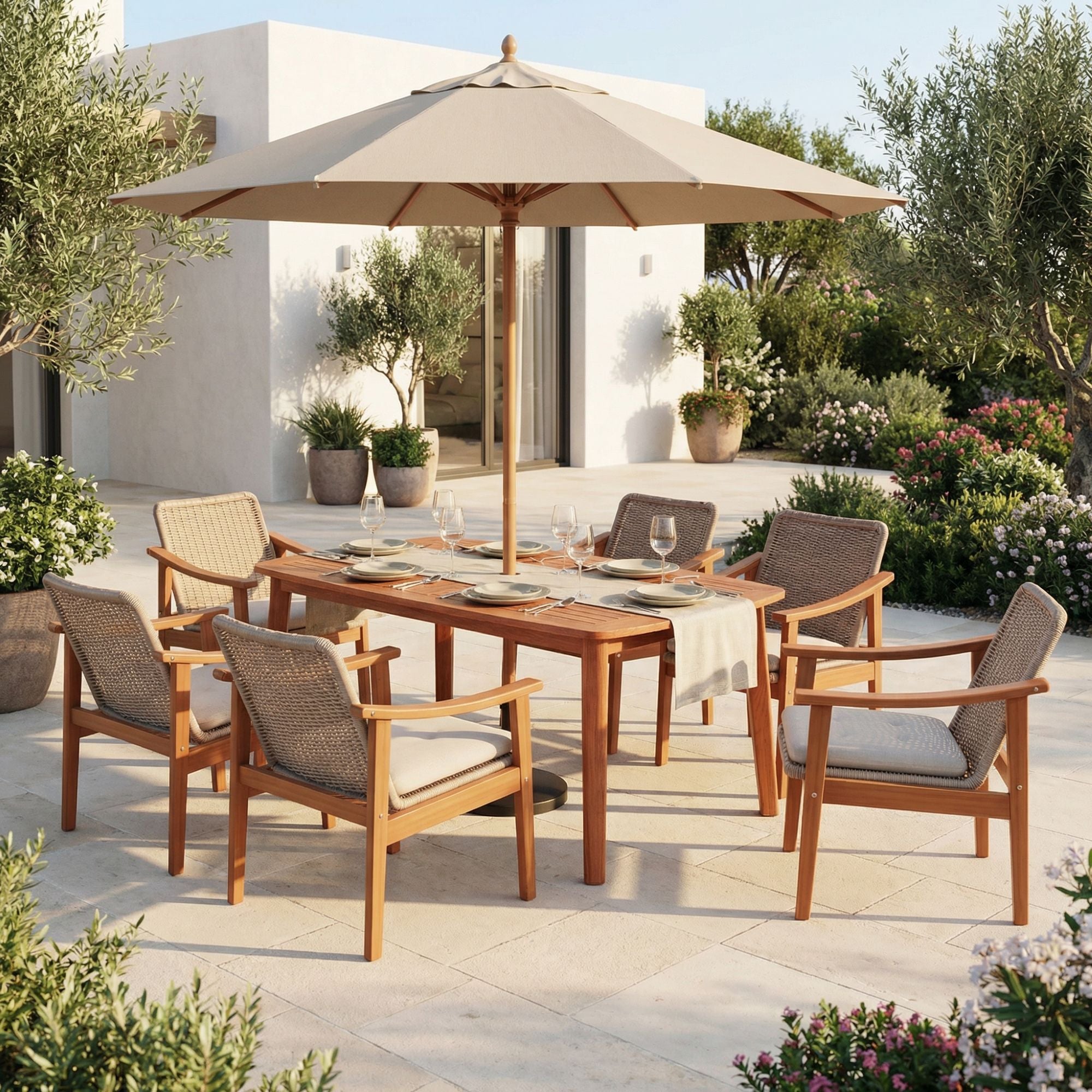 Nalia Outdoor Woven & Wood Dining Set with Umbrella Hole for 4-6 People, 63" Tapered Legs