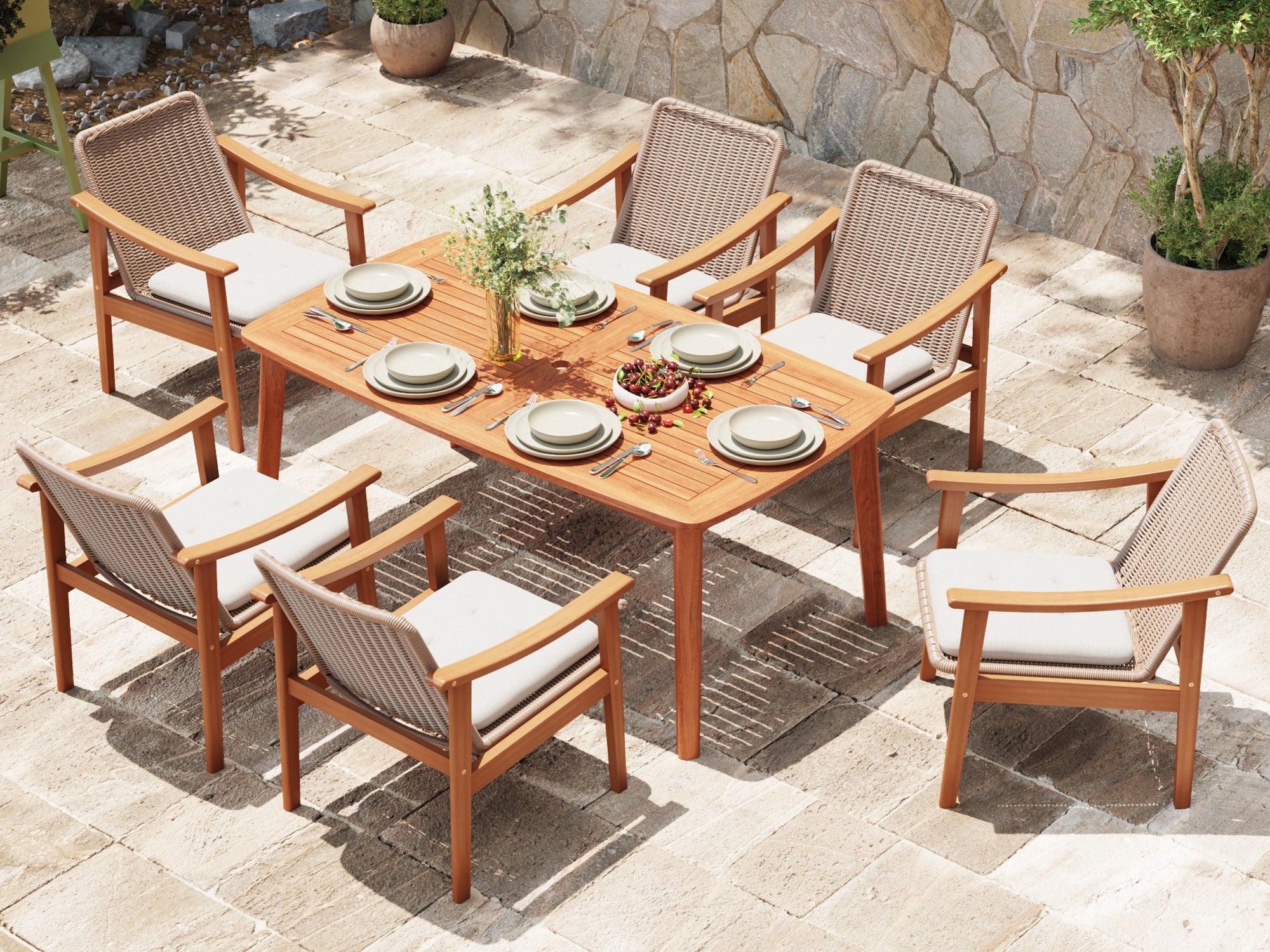 acacia wooden Outdoor dining set with umbrella hole table and wicker chairs for 6 person - Jardina Premium Modern Outdoor Dining Furniture#Size_63''