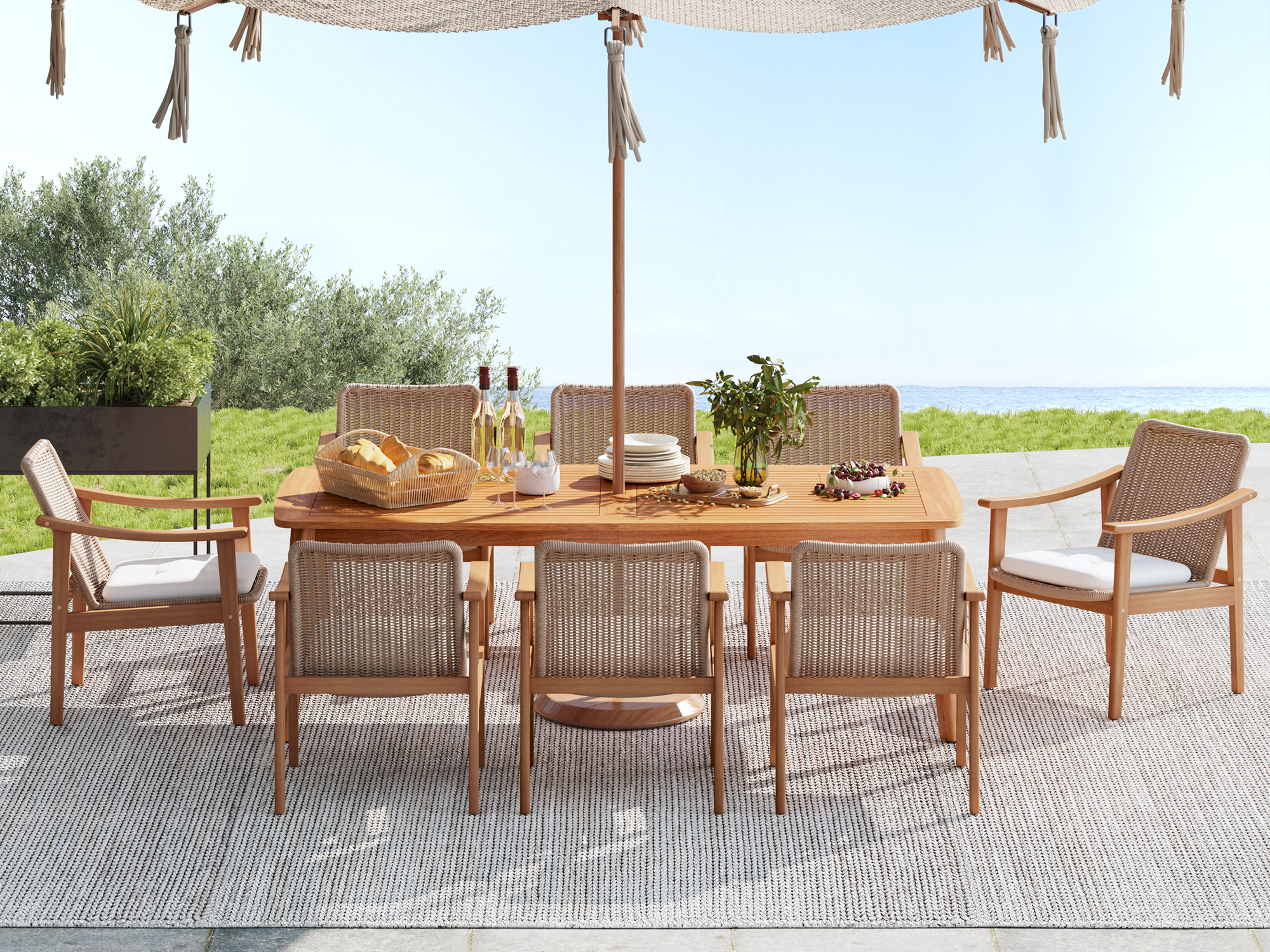 acacia wood Outdoor dining set for 8 with umbrella hole design and rattan chairs - Jardina Premium Modern Outdoor Dining Furniture#Size_83''