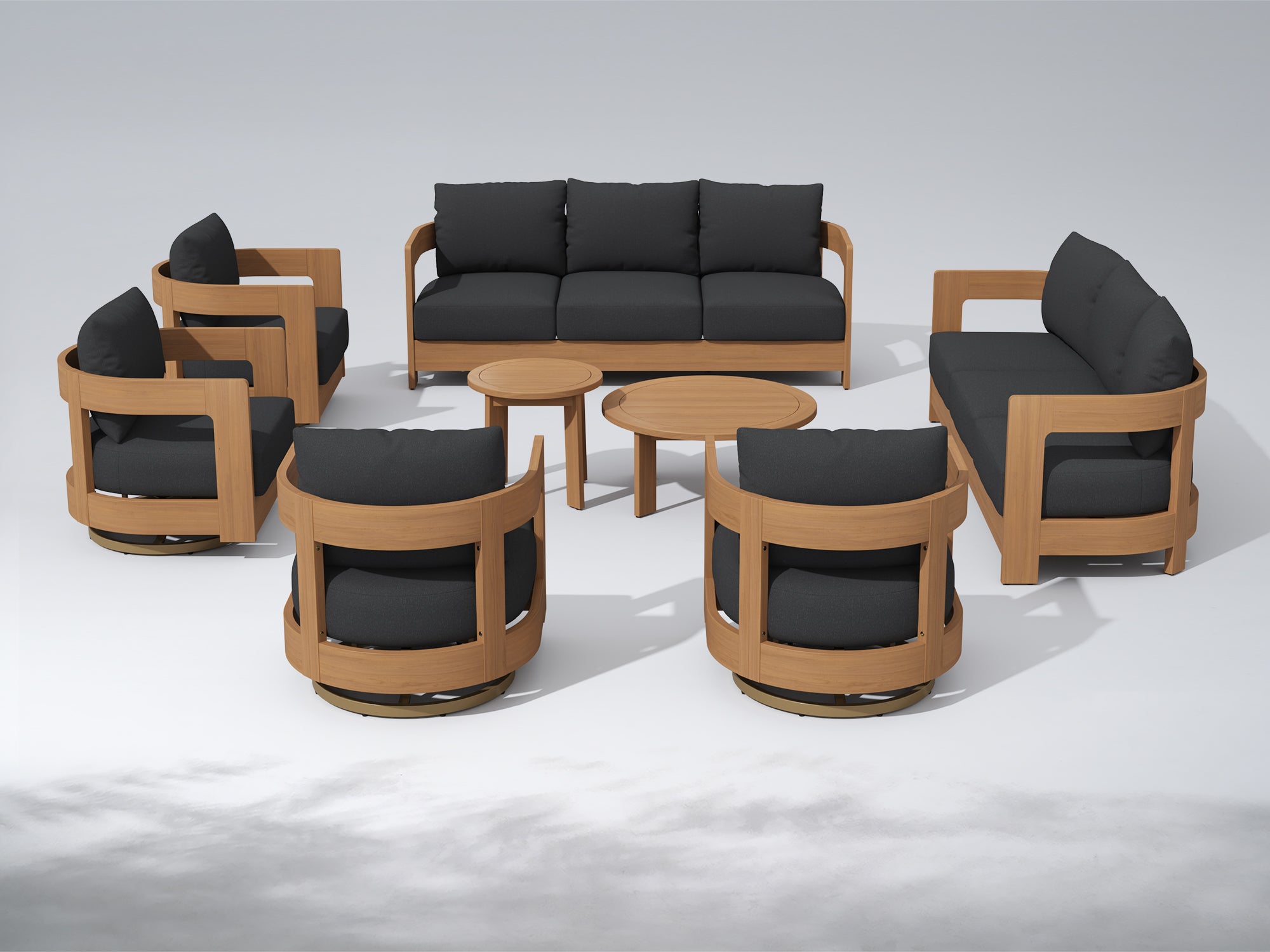 Sova Eucalyptus Wood Outdoor Conversation Set with Swivel Chairs & Two Tables, Black Cushions