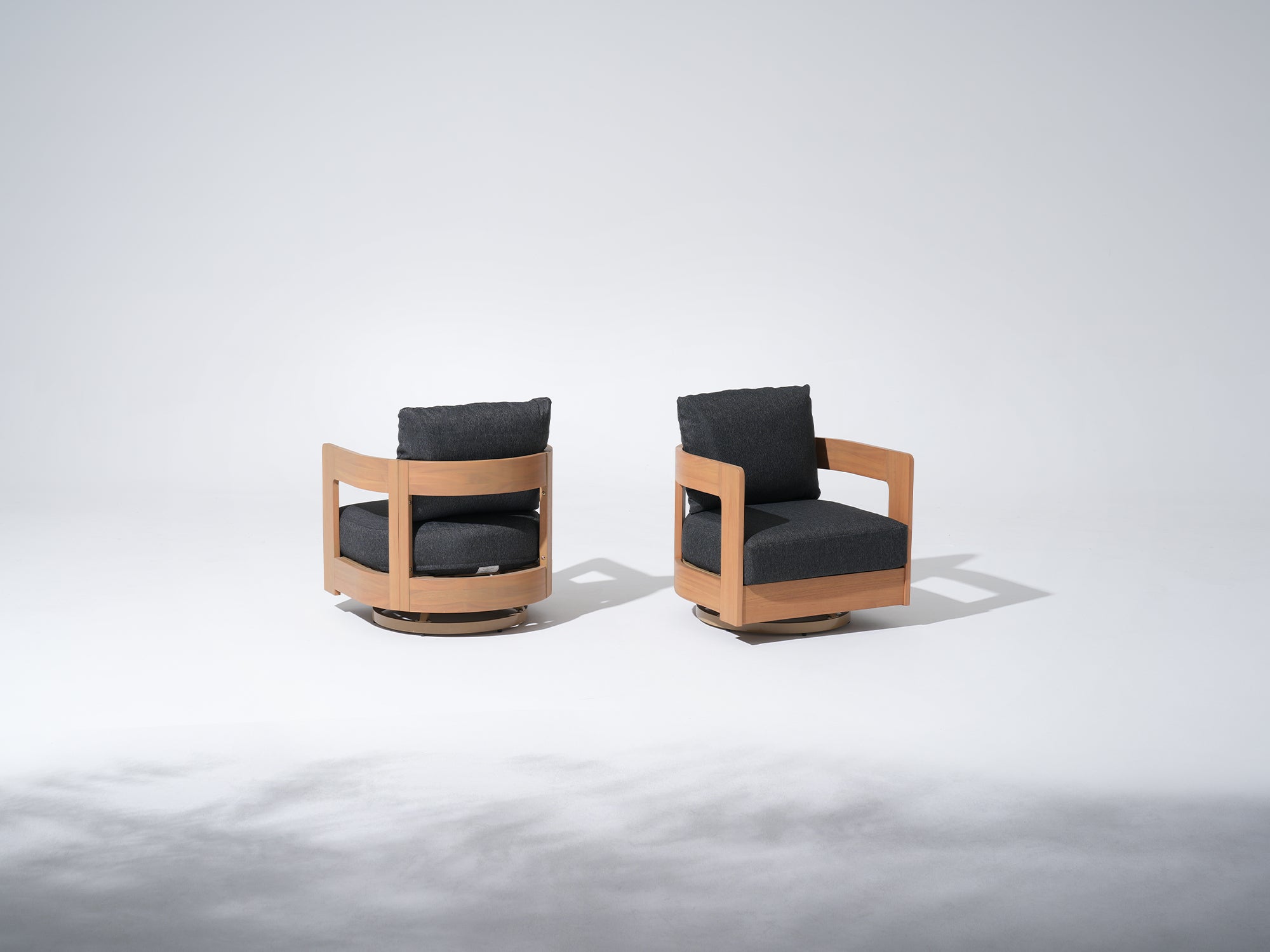 Sova Eucalyptus Wooden Outdoor Swivel Chairs, Black Cushions- Jardina outdoor modern premium patio furniture