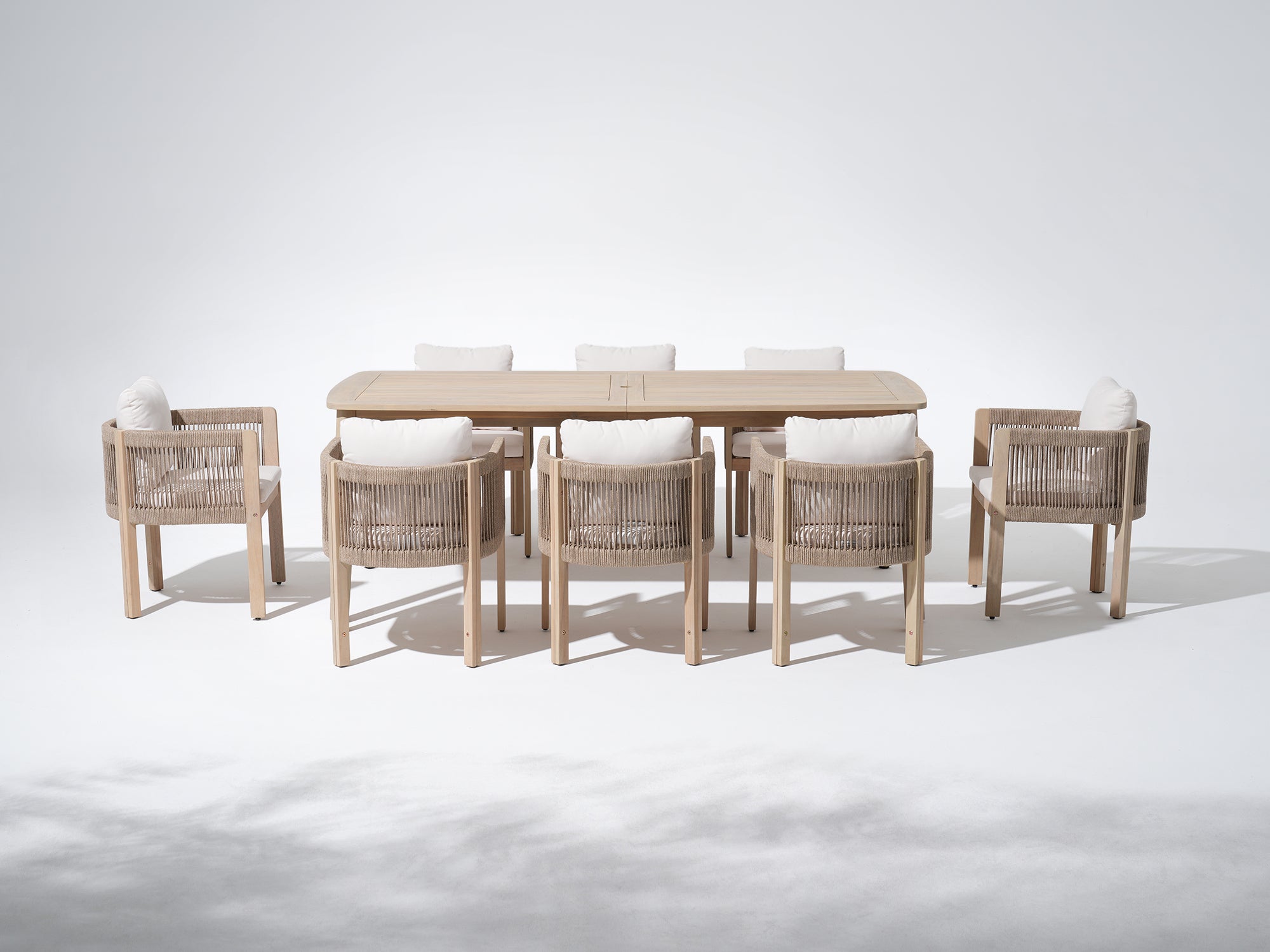 acacia wooden rectangular outdoor dining set for 8, outdoor dining table with umbrella hole and 8 dining chairs with rope design - Jardina Premium Modern Outdoor Dining Furniture