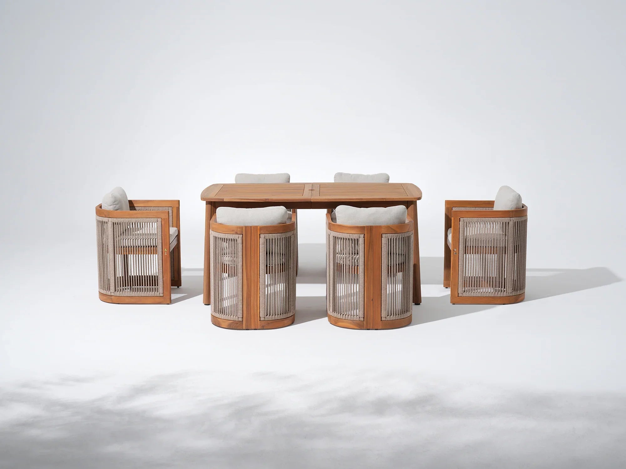 Mori Modern acacia wood outdoor furniture dining set with 6 rope armchairs and umbrella hole - Jardina Premium Modern Outdoor Dining Furniture