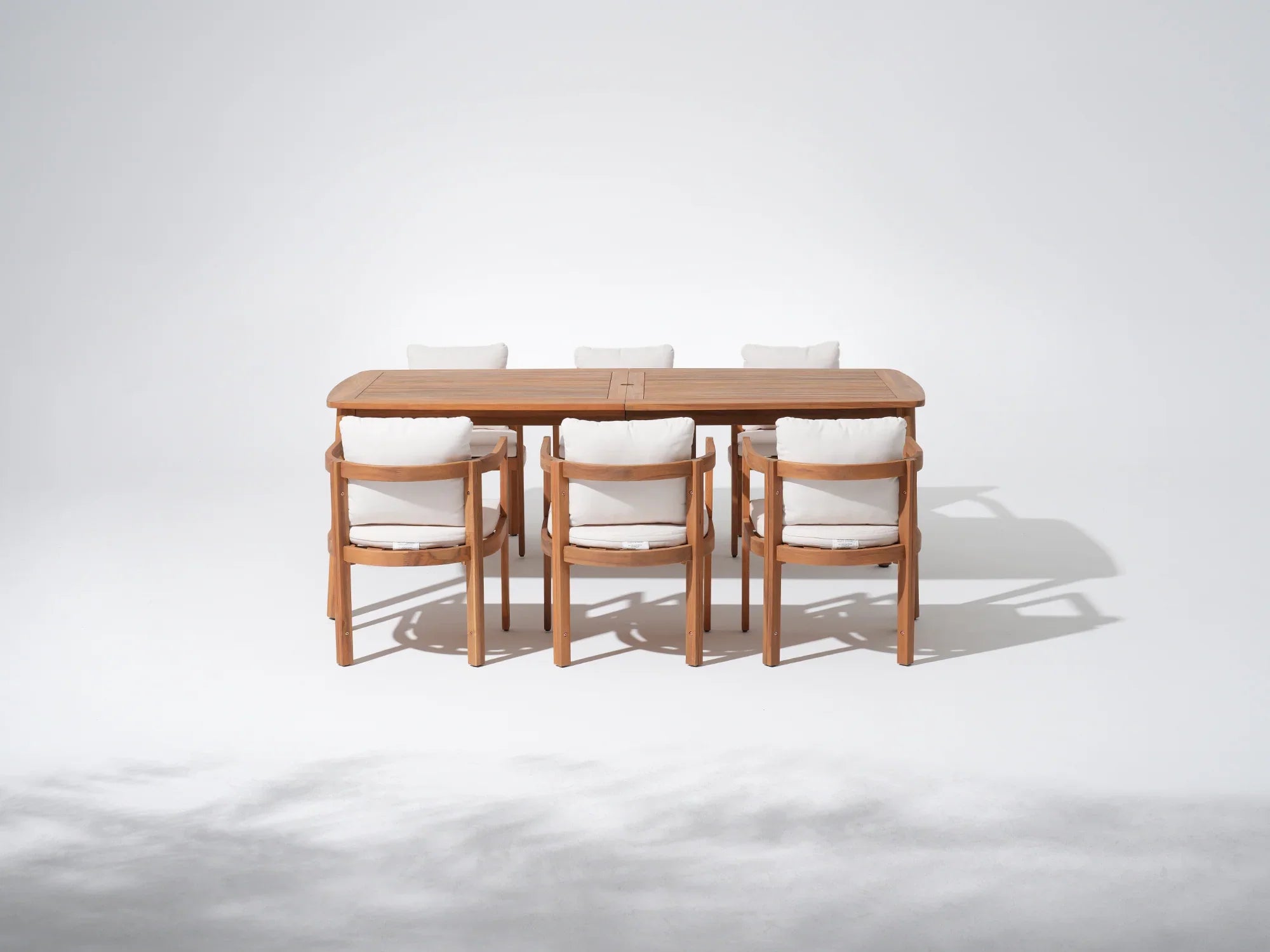 Rectangular acacia Wooden dining table with umnrella hole and six matching chairs