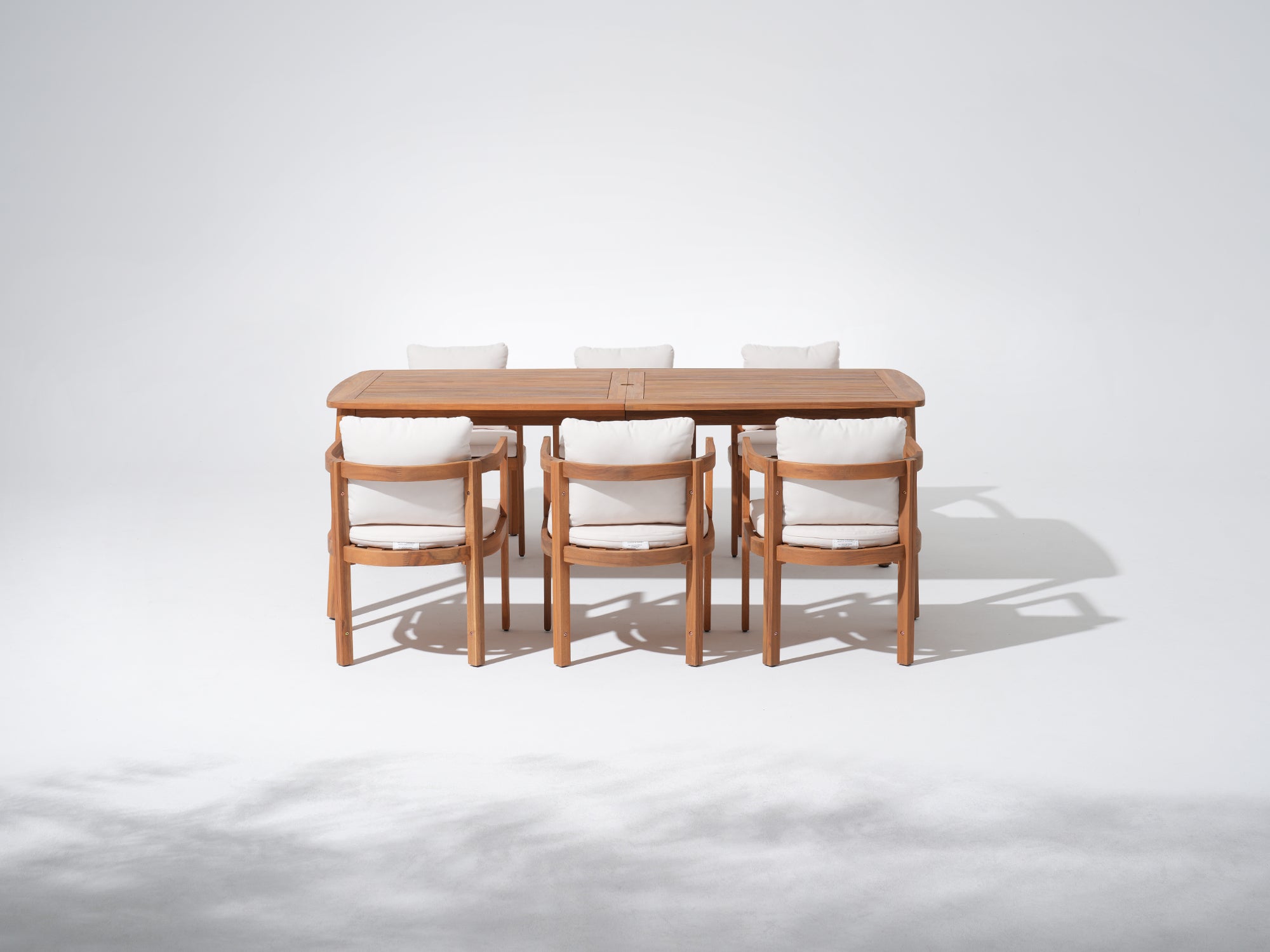 Rectangular acacia Wooden dining table with umnrella hole and six matching chairs