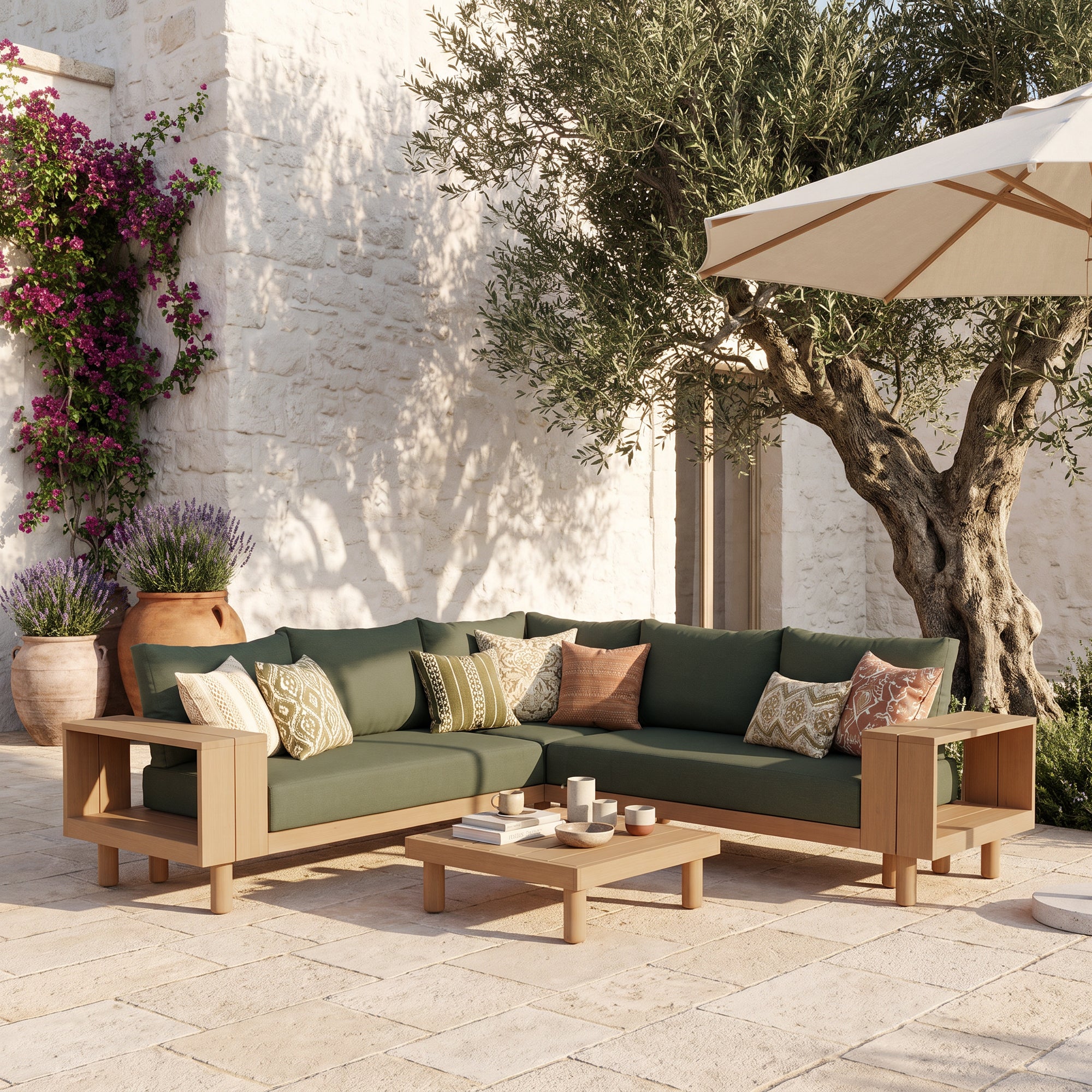 Kiri Eucalyptus Wood L-Shaped Outdoor Sectional Sofa Set with Storage Armrest, Green Cushions