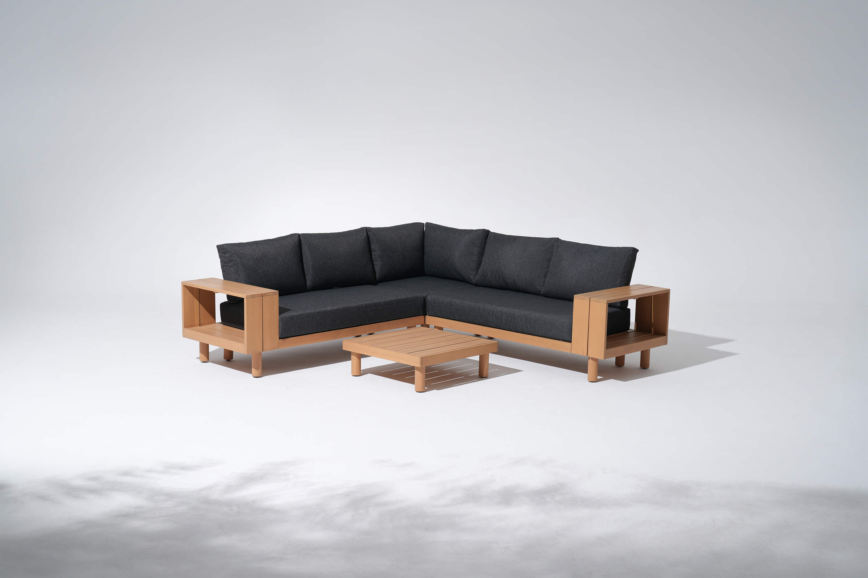 Kiri Outdoor Wooden L-Shaped Sectional Sofa Set with Storage Side Table, Teak Tone, Black Cushions