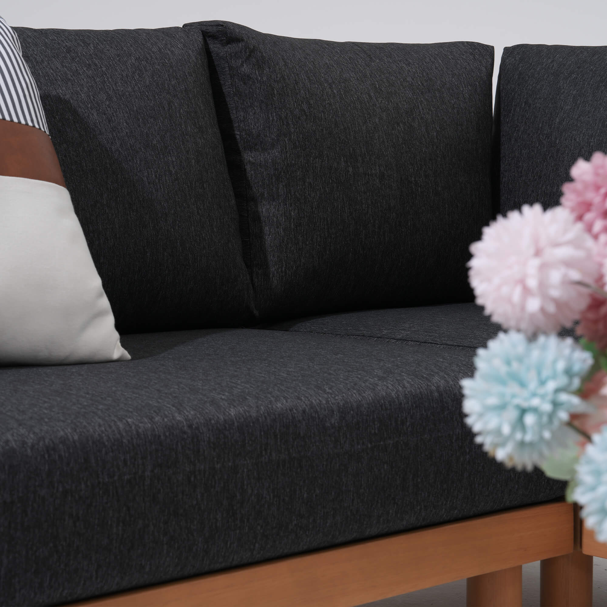 Kiri Outdoor Wooden L-Shaped Sectional Sofa Set with Storage Side Table, Teak Tone, Black Cushions