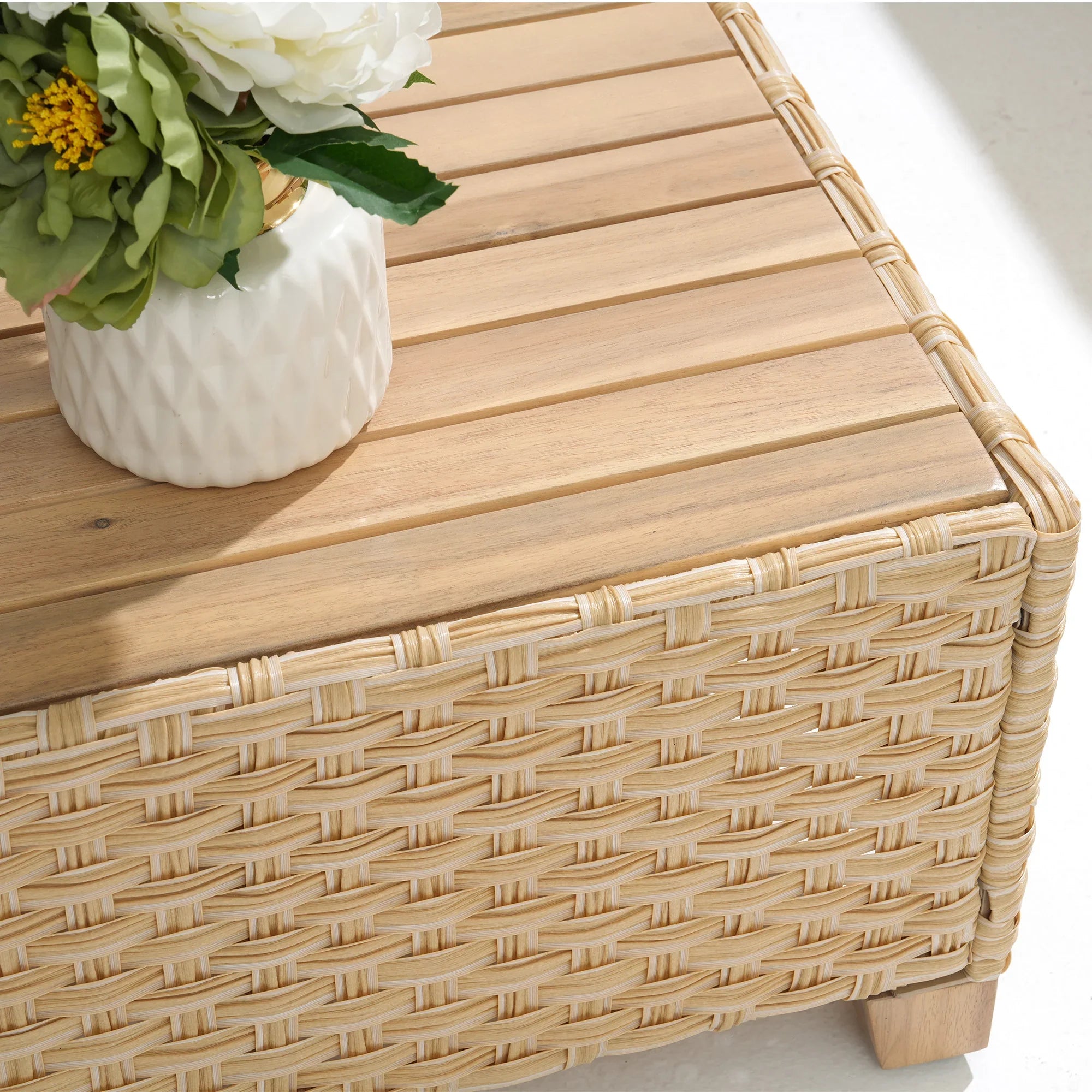 Wicker coffee table with wood tabletop