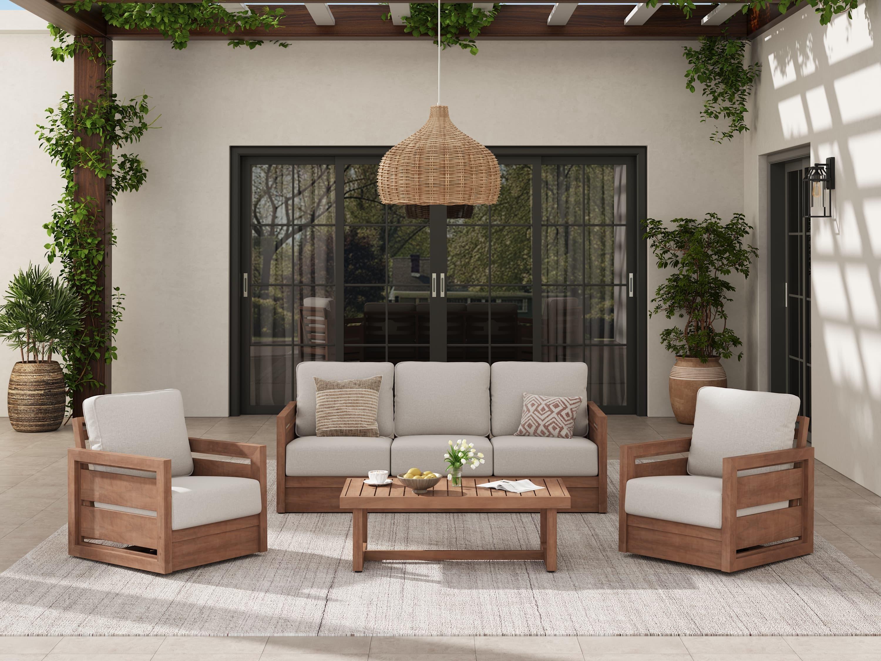 acacia wood Outdoor patio conversation set with 360° swivel chairs, sofa, and table in a sunlit room - Jardina Modern Premium Outdoor Patio Furniture Sets