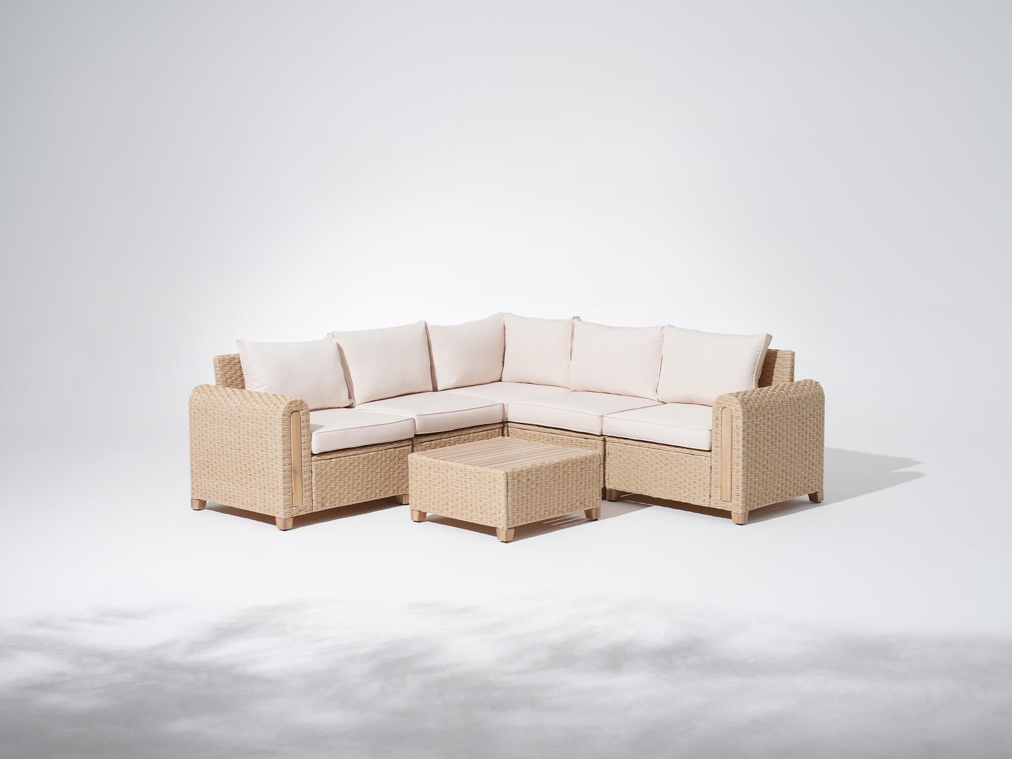 Wicker outdoor sectional sofa with acacia wooden frame and a square coffee table - Jardina Modern Premium Outdoor Patio Furniture Sets