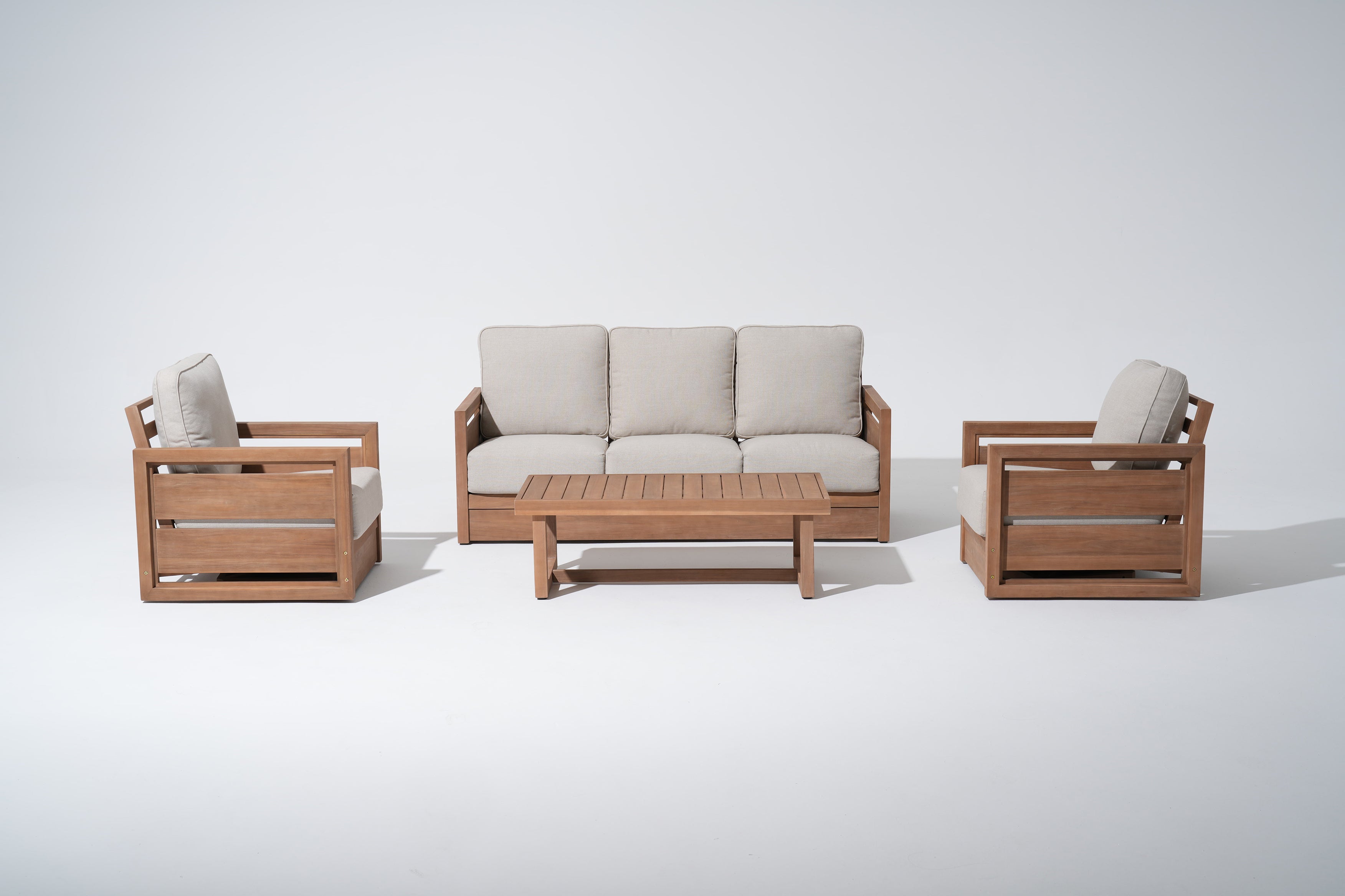 4pcs Wooden outdoor furniture set with beige cushions, a 3-seat sofa, two swivel chairs and a coffee table