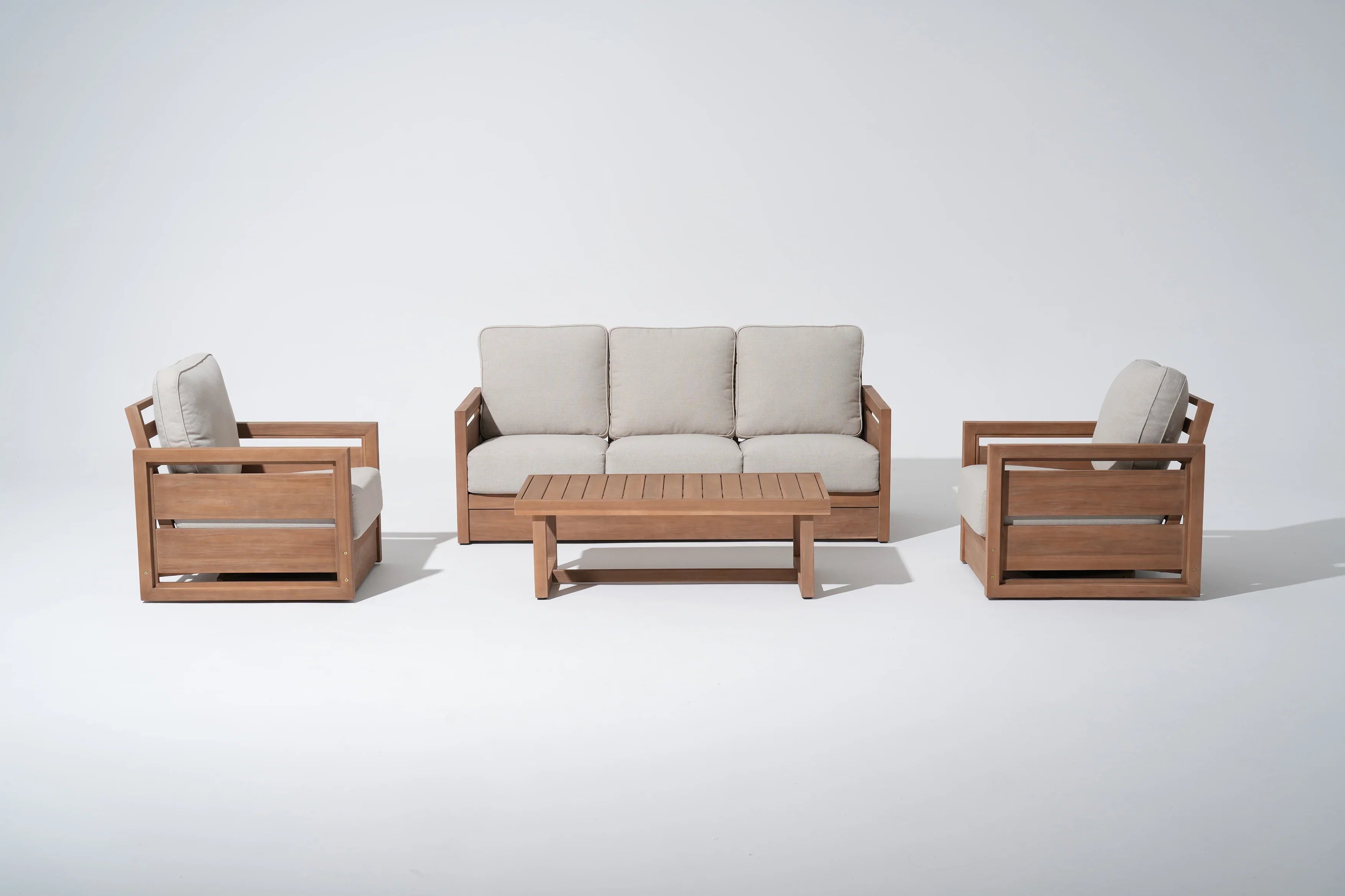 4pcs Wooden outdoor furniture set with beige cushions, a 3-seat sofa, two swivel chairs and a coffee table