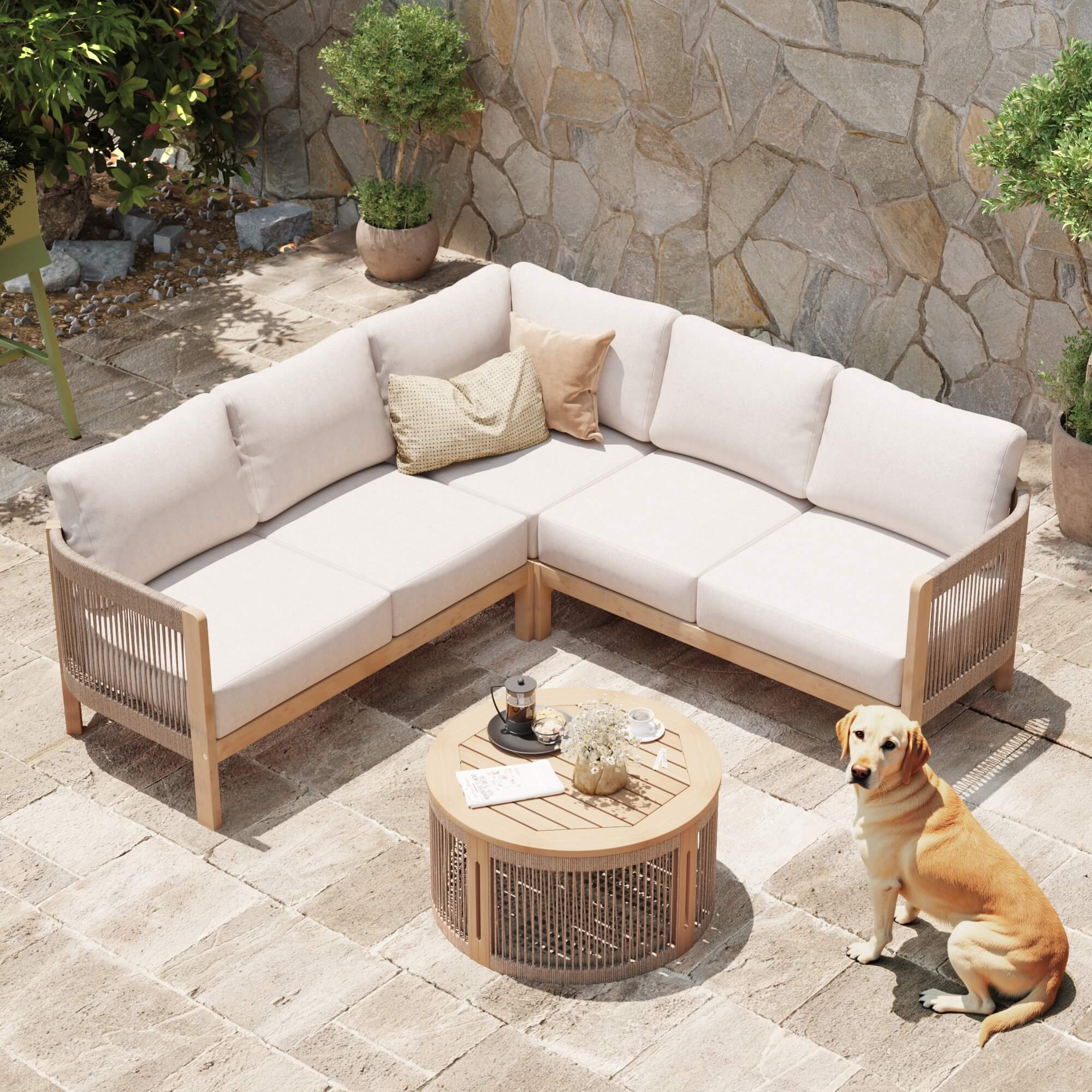 acacia wood Outdoor patio conversation seating set with an L-shaped sectional sofa, round table - Jardina Modern Premium Outdoor Patio Furniture Sets