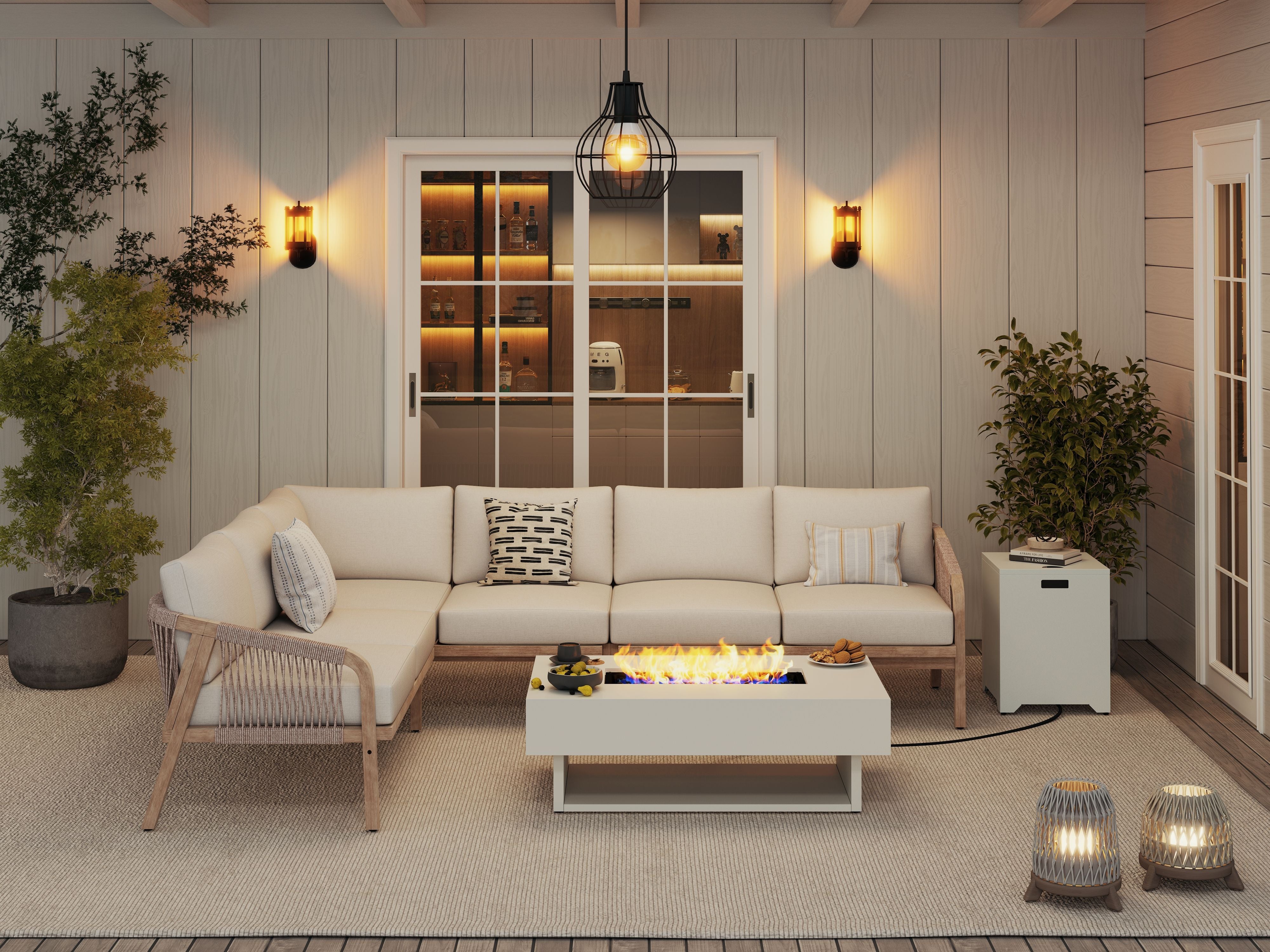 acacia wood and rope Outdoor patio sectional sofa set with fire pit table - Jardina Modern Premium Outdoor Patio Furniture Sets