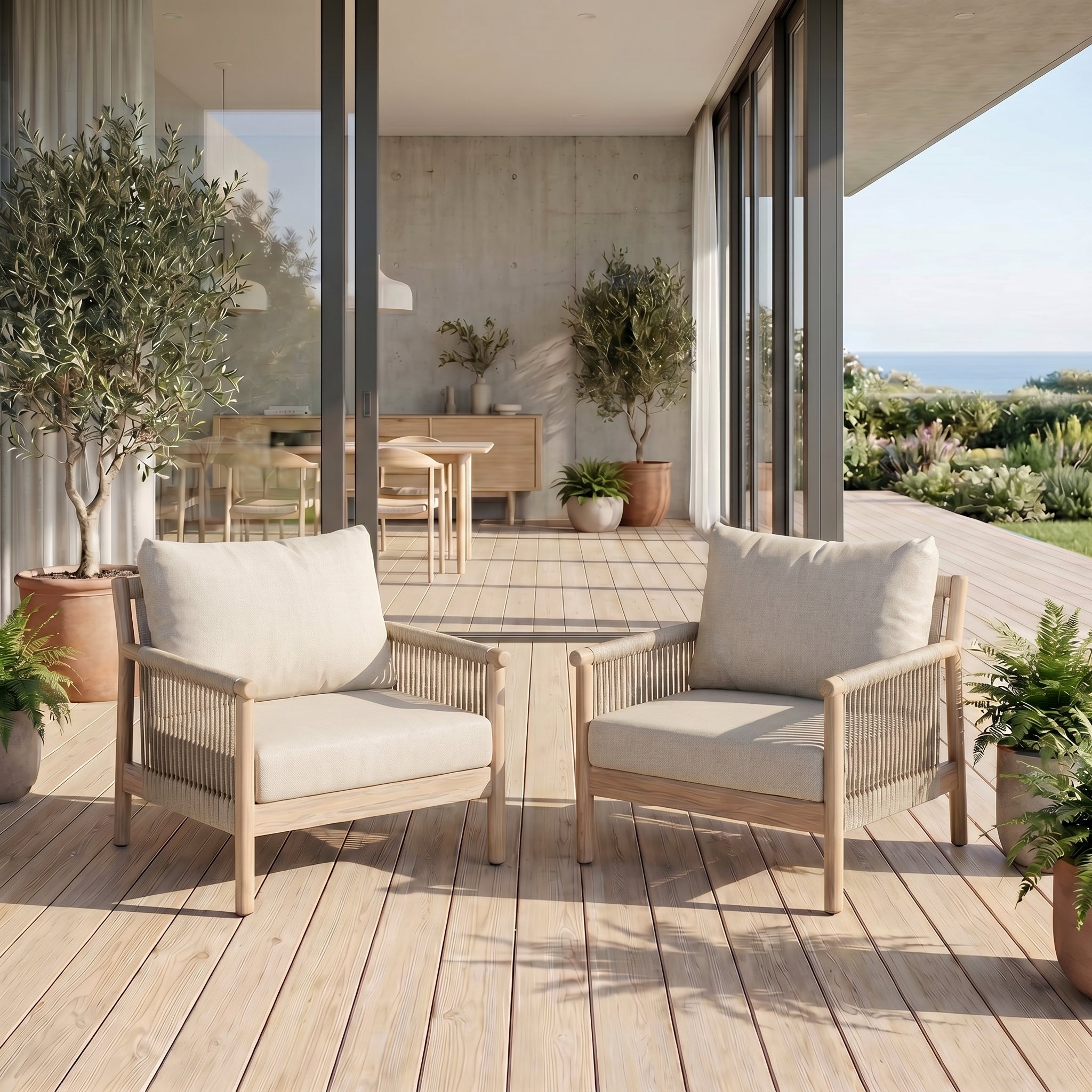 Arlo Aluminum Outdoor Lounge Chair with Rope Design, Wood-Look, Light Beige Cushions