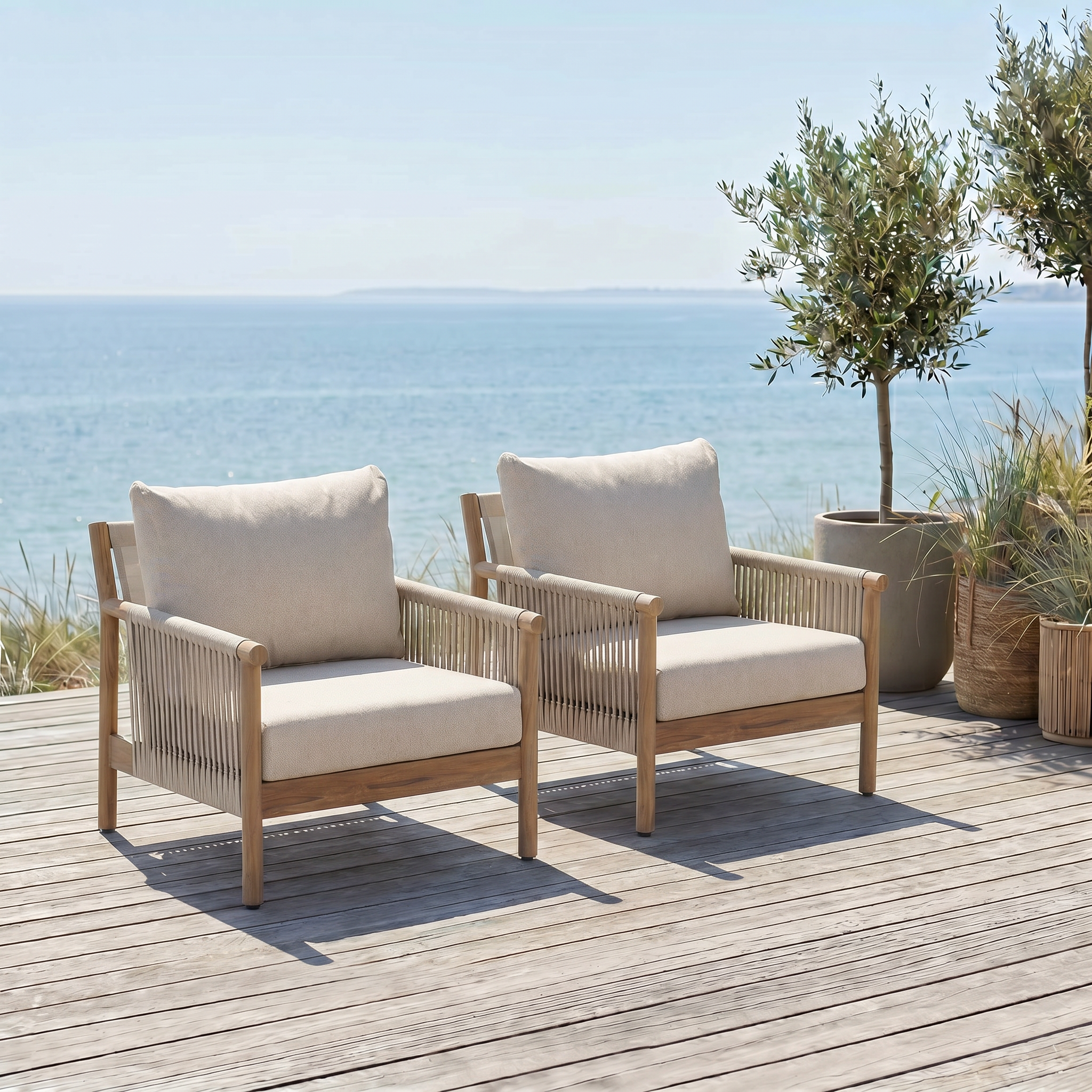 Arlo Aluminum Outdoor Lounge Chair with Rope Design, Wood-Look, Light Beige Cushions