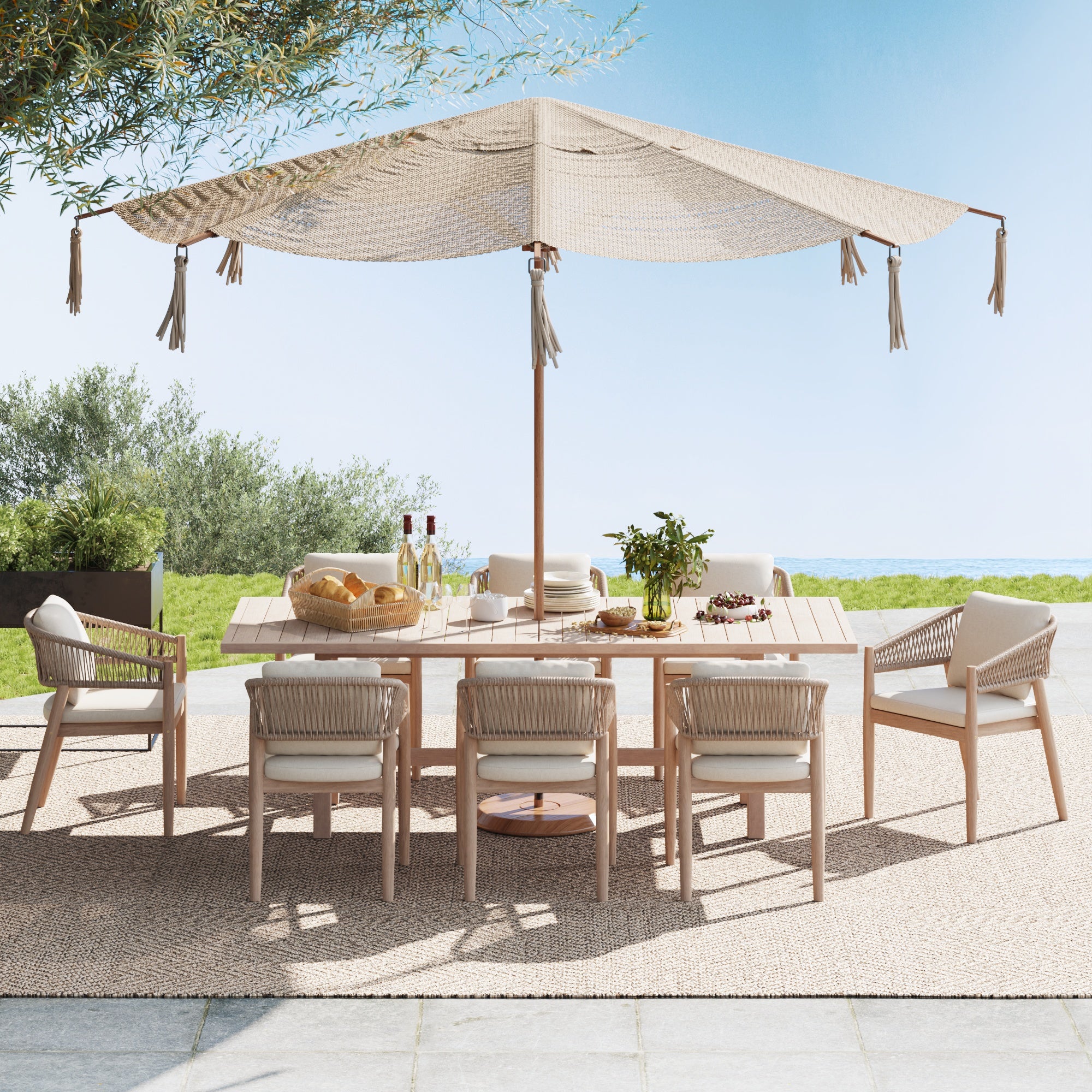 Lira Wooden Outdoor Dining Set with Rope Design, 8 Seats, 90''Table with Umbrella Hole