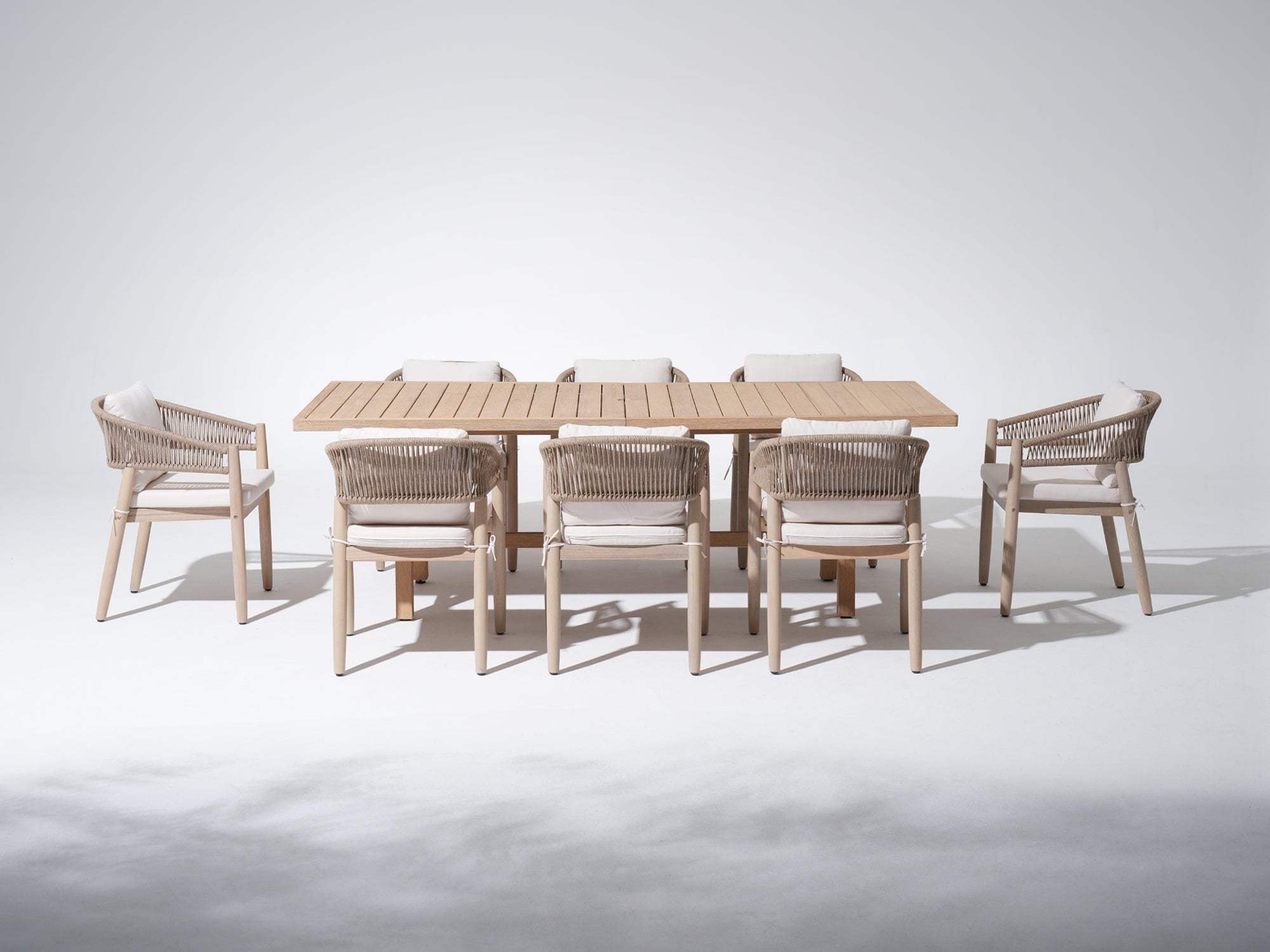 acacia Wooden Outdoor Dining Set with Rope Design, 8 Seats, 90" Table with Umbrella Hole - Jardina Premium Modern Outdoor Dining Furniture
