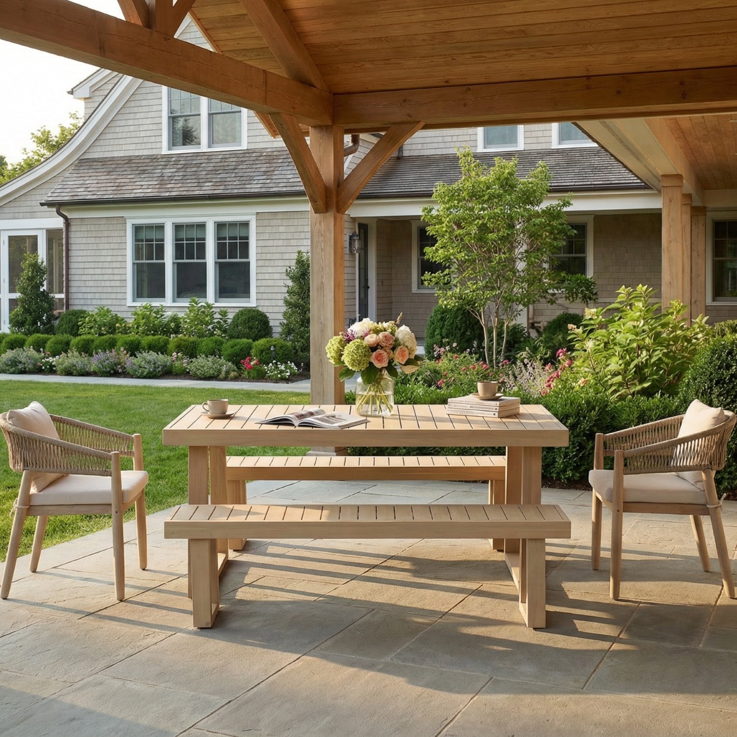 Lira Outdoor Solid Wood Dining Set with Rope Chairs & Bench, Umbrella Hole for 4-6 People, 67" Sled-Leg