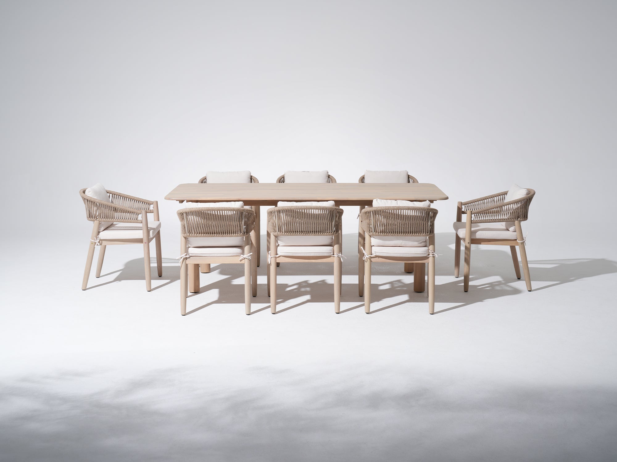 Lira Wooden Outdoor Dining Set with Rope Design, 8 Seats, 86.6" Slatted Table