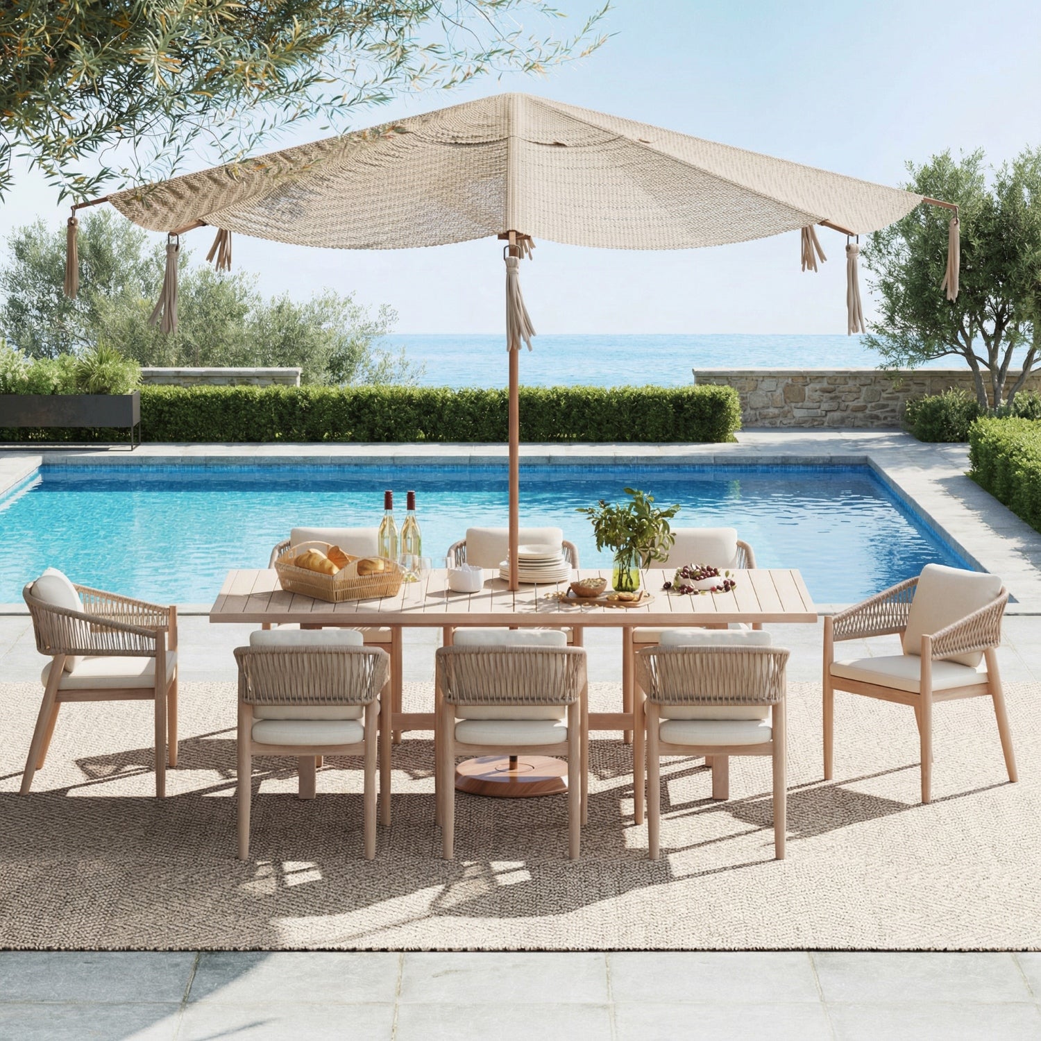 Lira Wooden Outdoor Dining Set with Rope Design, 8 Seats, 90" Table with Umbrella Hole