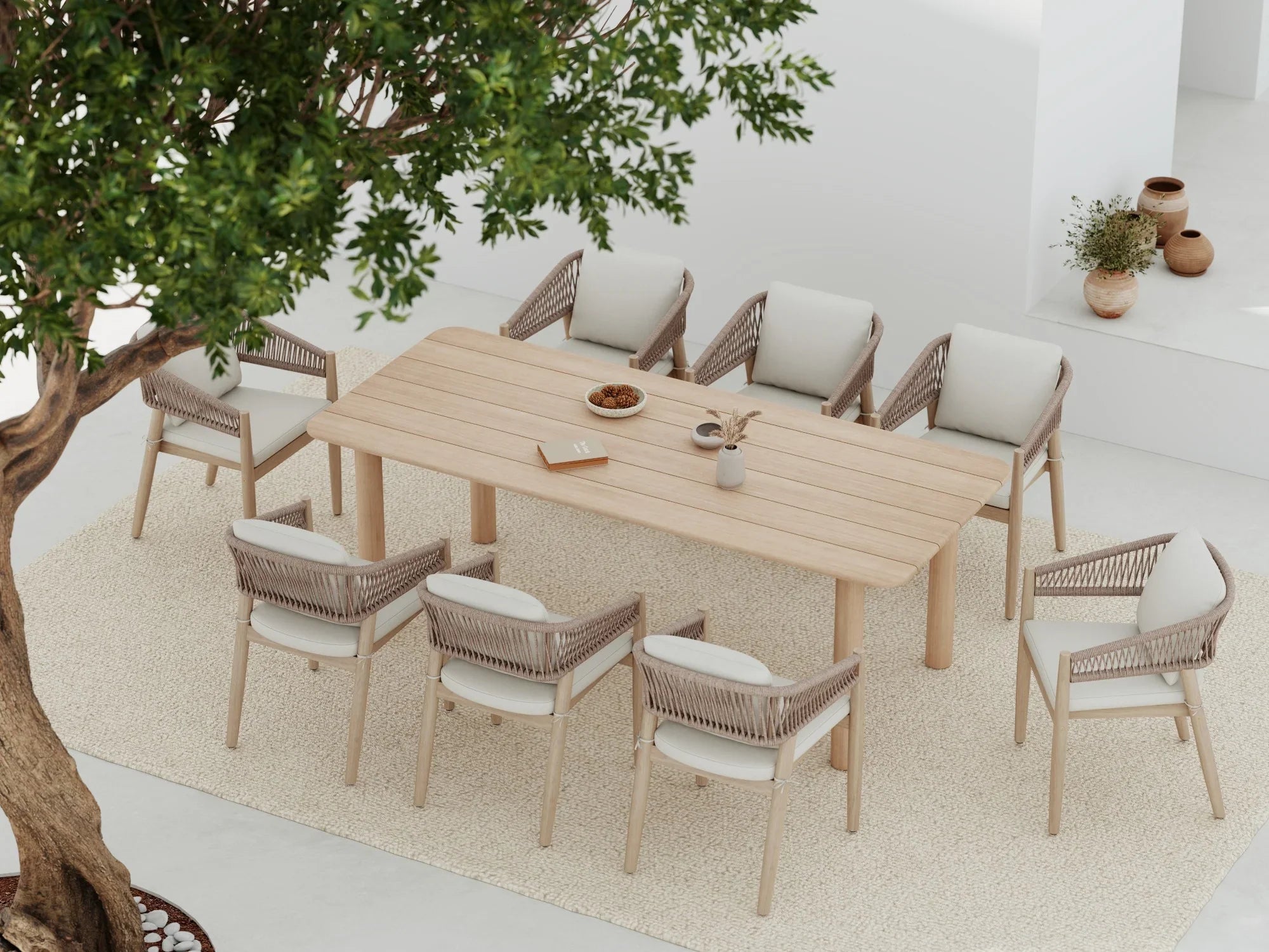 Lira acacia Wooden Outdoor Dining Set for 8 people with Rope Design chairs, 86.6" Slatted Table - Jardina Premium Modern Outdoor Dining Furniture