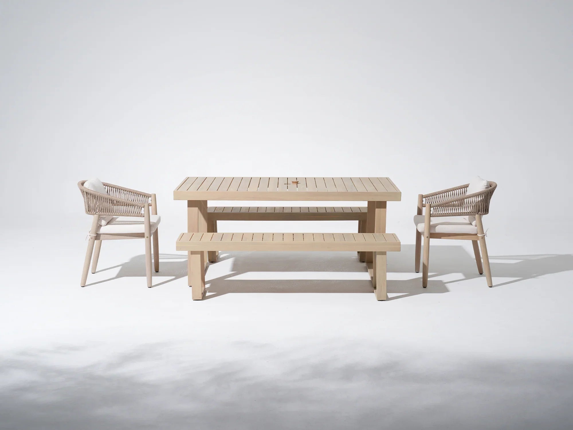 acacia Wooden outdoor furniture dining set with table , chairs and benches - Jardina Premium Modern Outdoor Dining Furniture