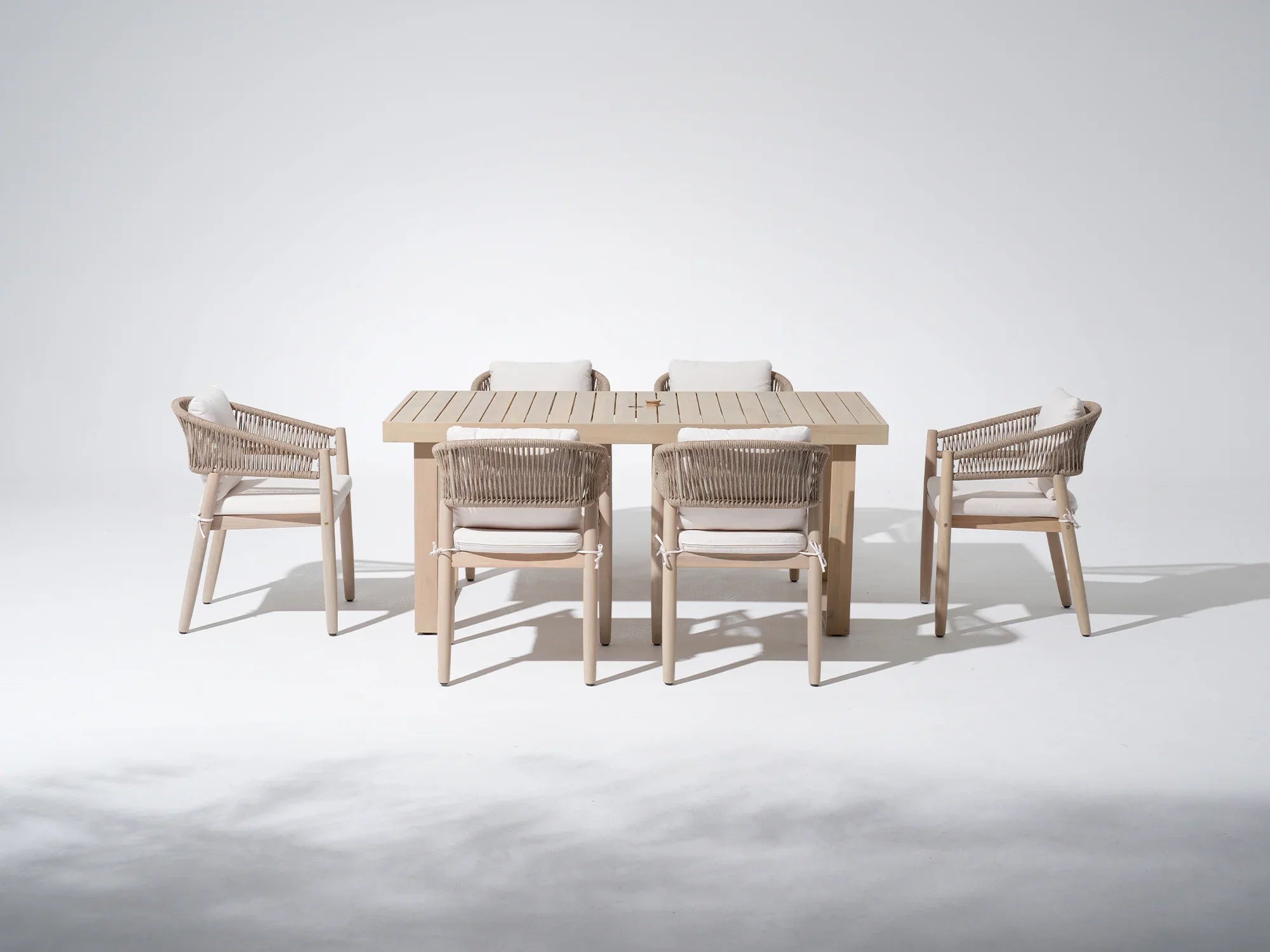 acacia Wooden outdoor furniture dining set for 6 with a umbrella hole table and 6 rope chairs - Jardina Premium Modern Outdoor Dining Furniture