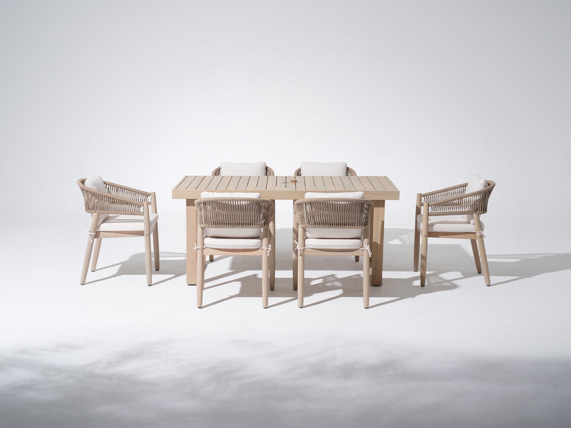 acacia Wooden outdoor furniture dining set for 6 with a umbrella hole table and 6 rope chairs - Jardina Premium Modern Outdoor Dining Furniture