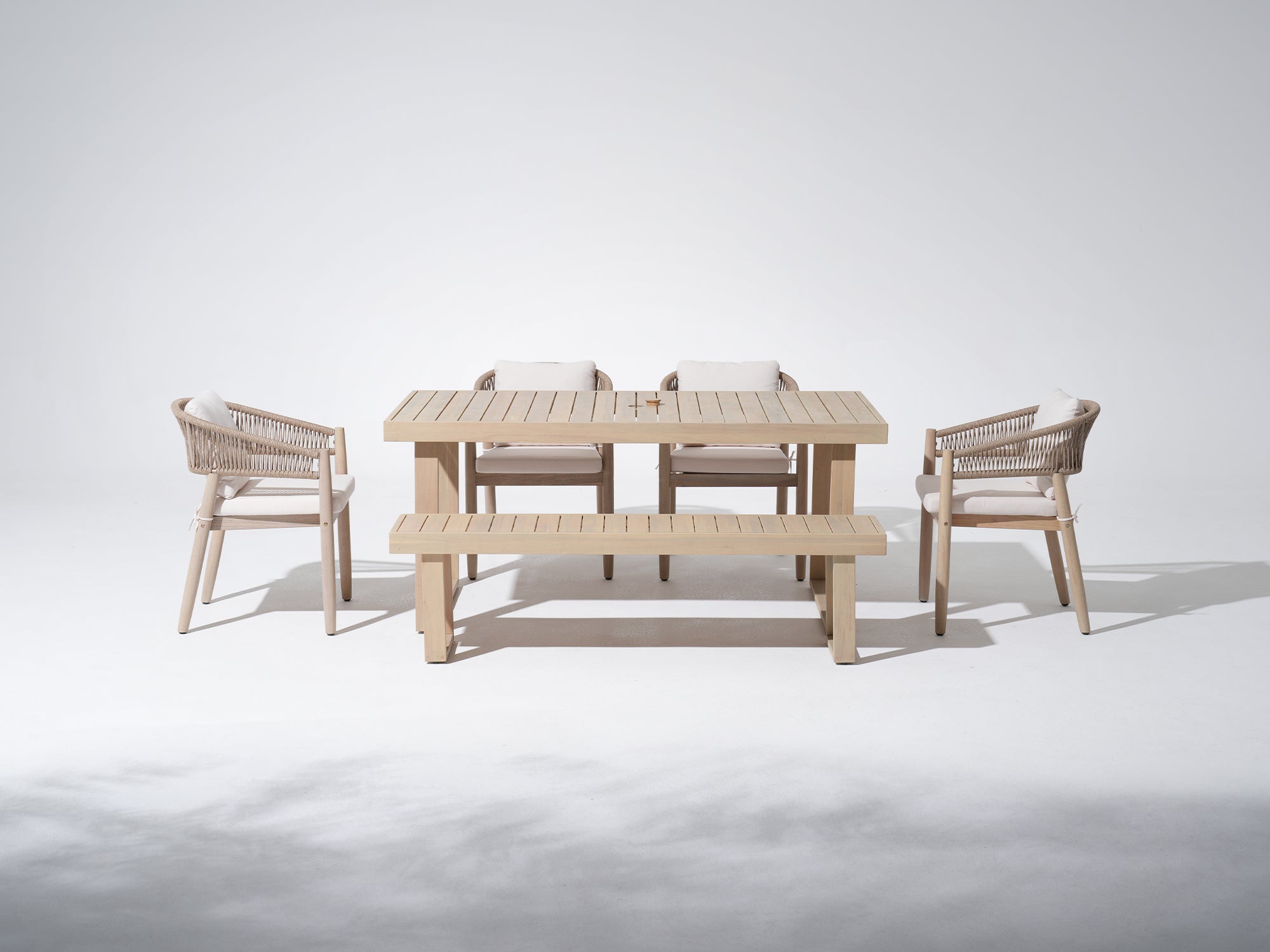 Lira 67'' Wooden Outdoor Dining Set with 2-4 Rope Chairs and Bench; Sled-Leg Design & Umbrella Hole