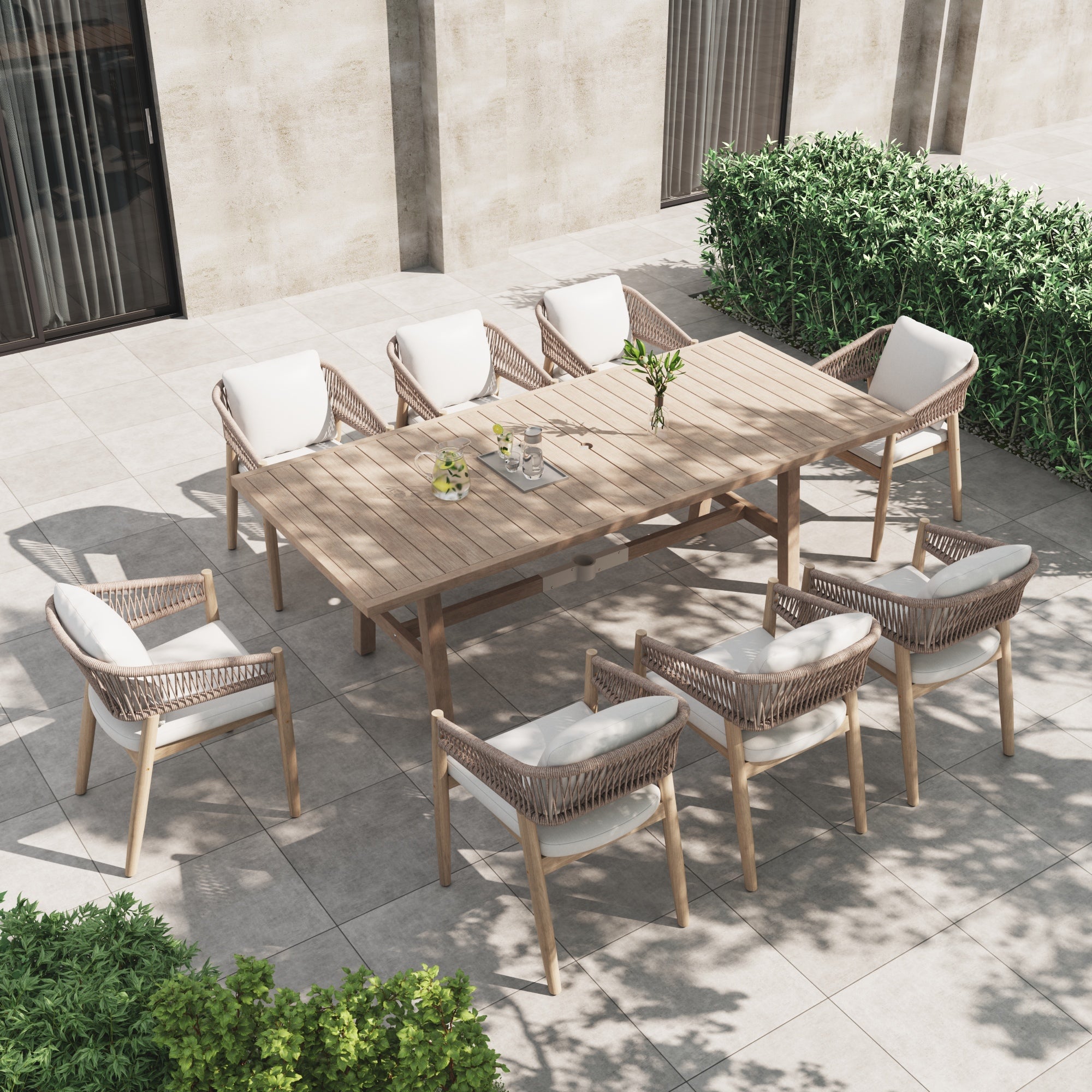 acacia wooden Outdoor dining set for 8 people with umbrella hole table and woven rope chairs - Jardina Premium Modern Outdoor Dining Furniture