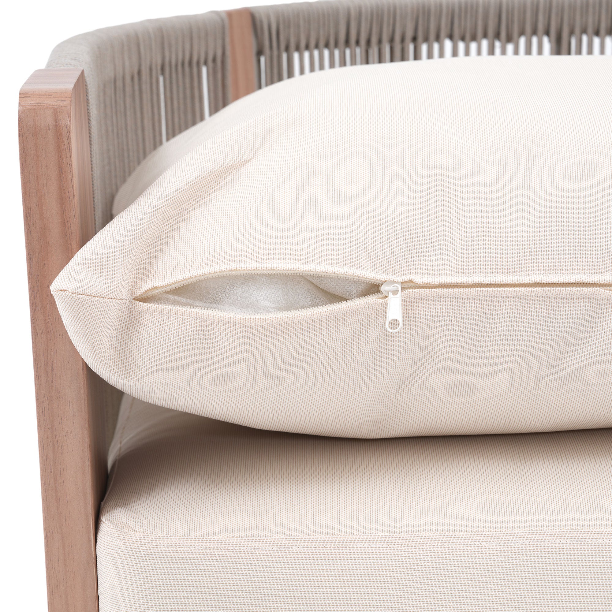 Close-up of a beige cushion on a chair with a zipper detail- Jardina Modern Premium Patio Outdoor Furniture