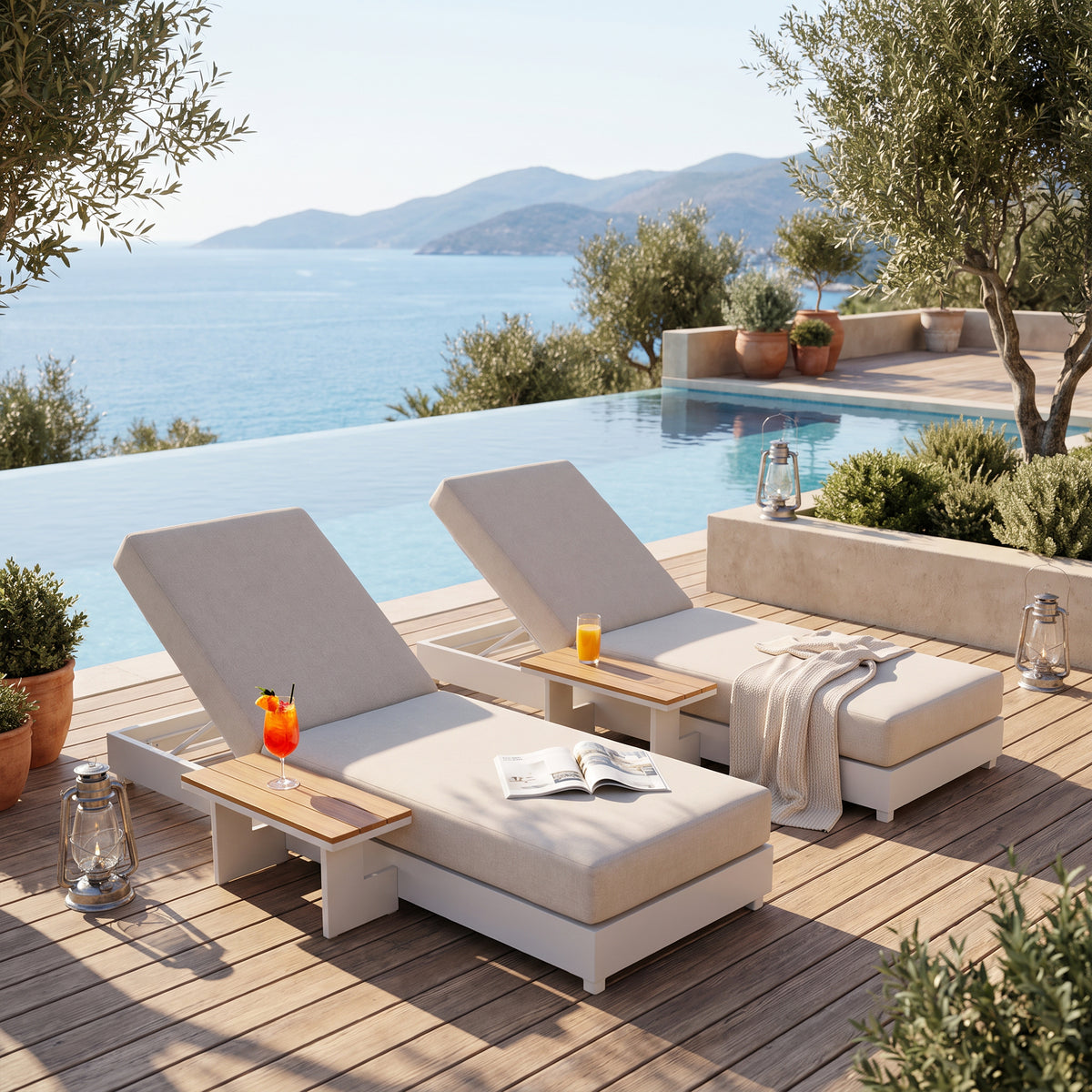 Addison Aluminum Oyster White Outdoor Lounger with Side Table, Adjustable Backrest & Olefin Cushion