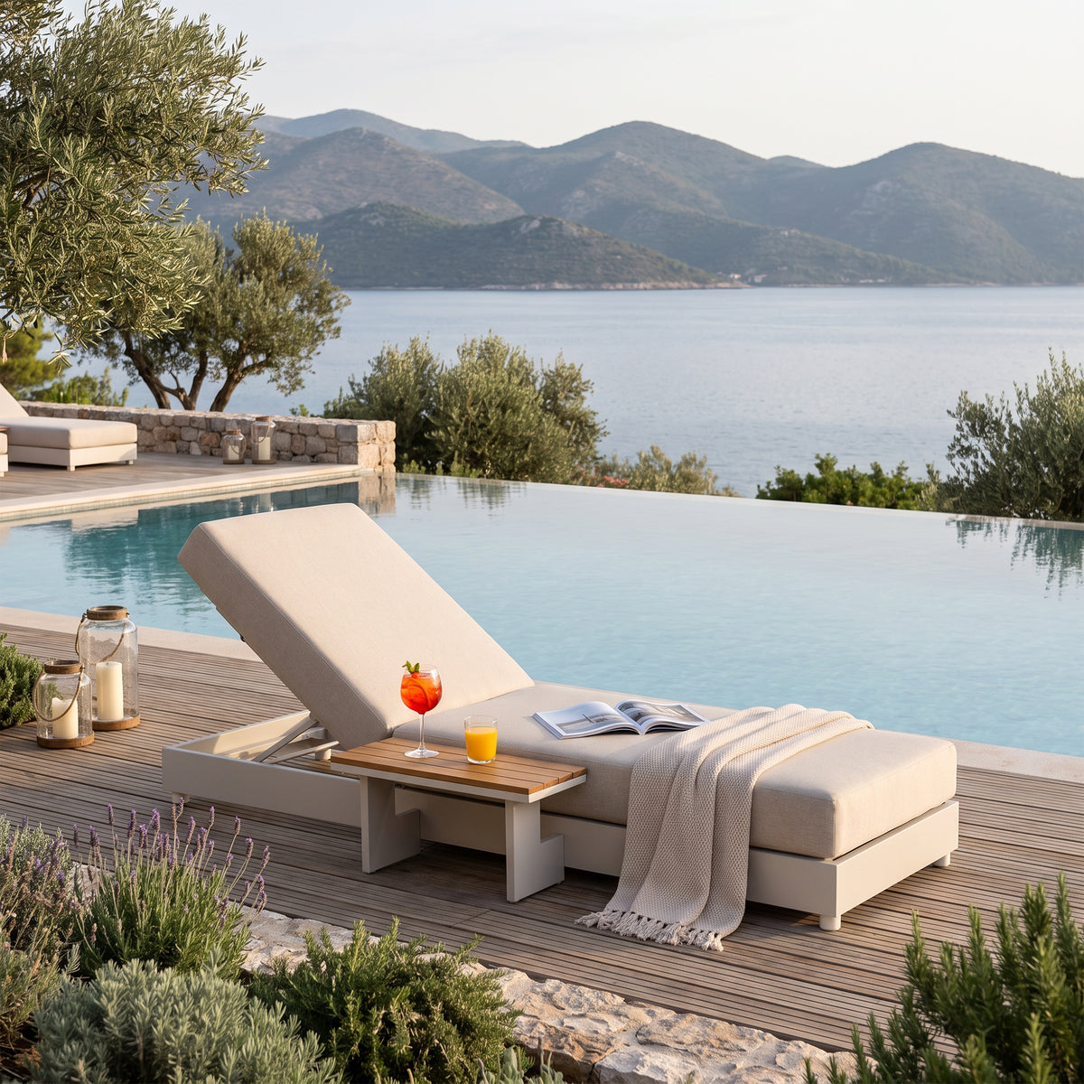 Addison Aluminum Oyster White Outdoor Lounger with Side Table, Adjustable Backrest & Olefin Cushion