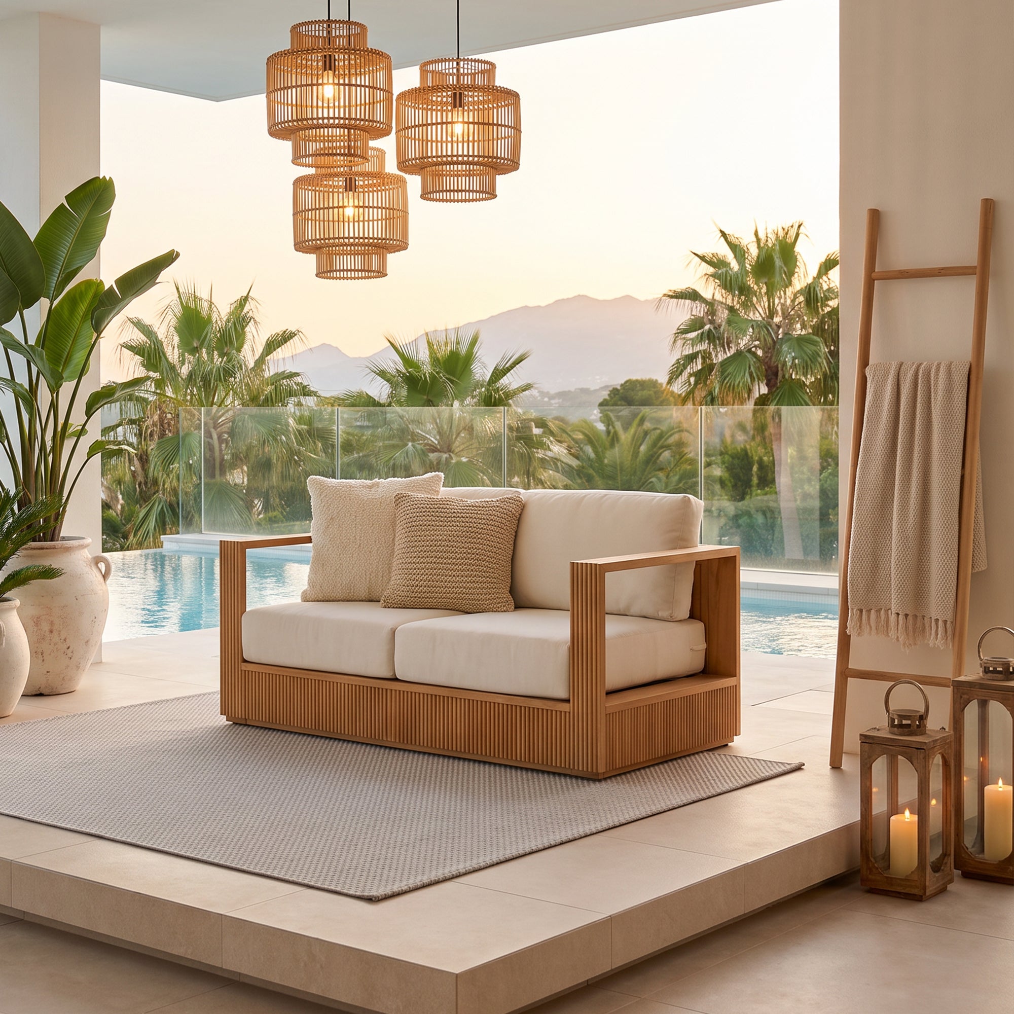 Sintra Outdoor Loveseat, Solid Slatted Frame, FSC Teak Wood with Creamy White Olefin