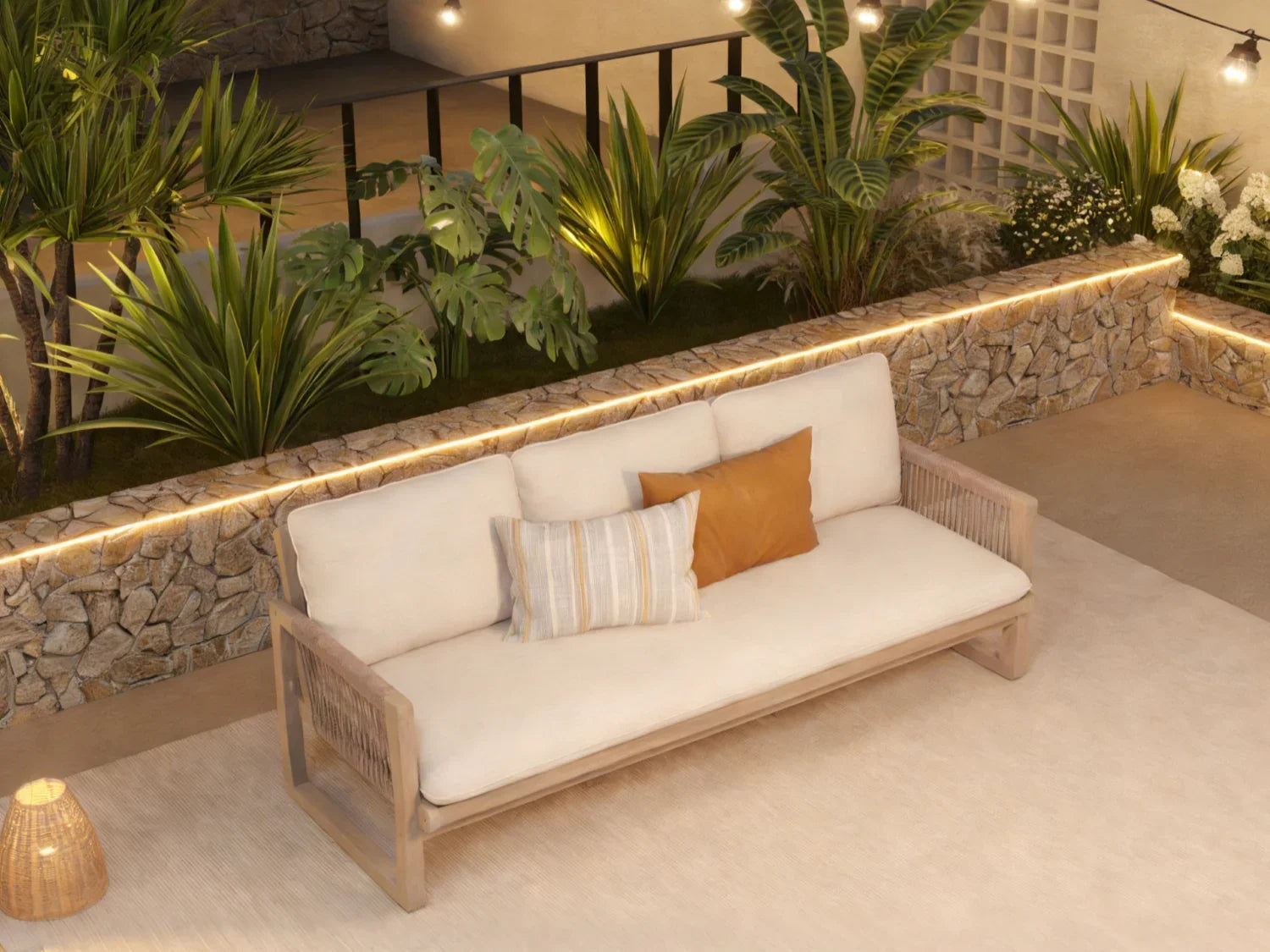 acacia wood and rope Outdoor triple sofa with cushions