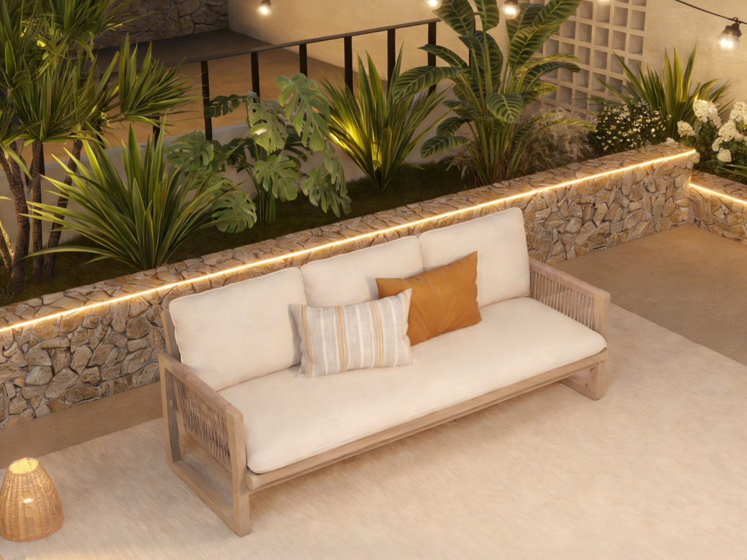 acacia wood and rope Outdoor triple sofa with cushions