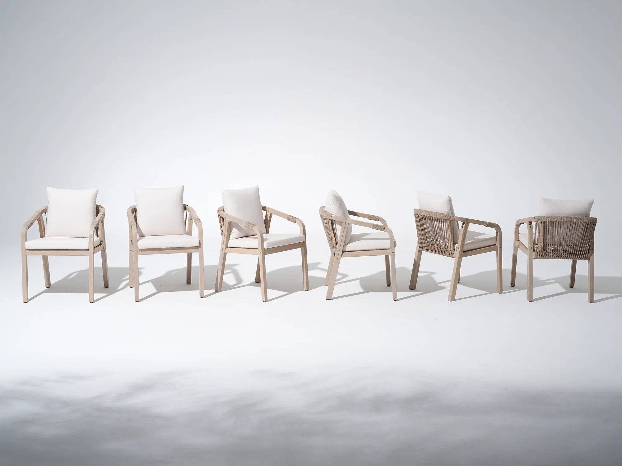 Set of six modern dining chairs with white cushions, acacia wood and rope design - Jardina Premium Modern Outdoor Dining Furniture