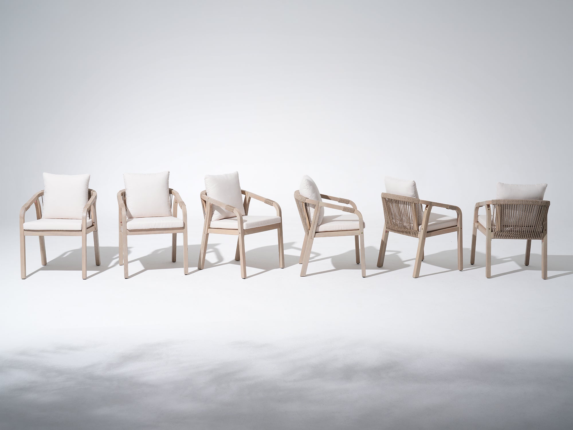Set of six modern dining chairs with white cushions, acacia wood and rope design - Jardina Premium Modern Outdoor Dining Furniture