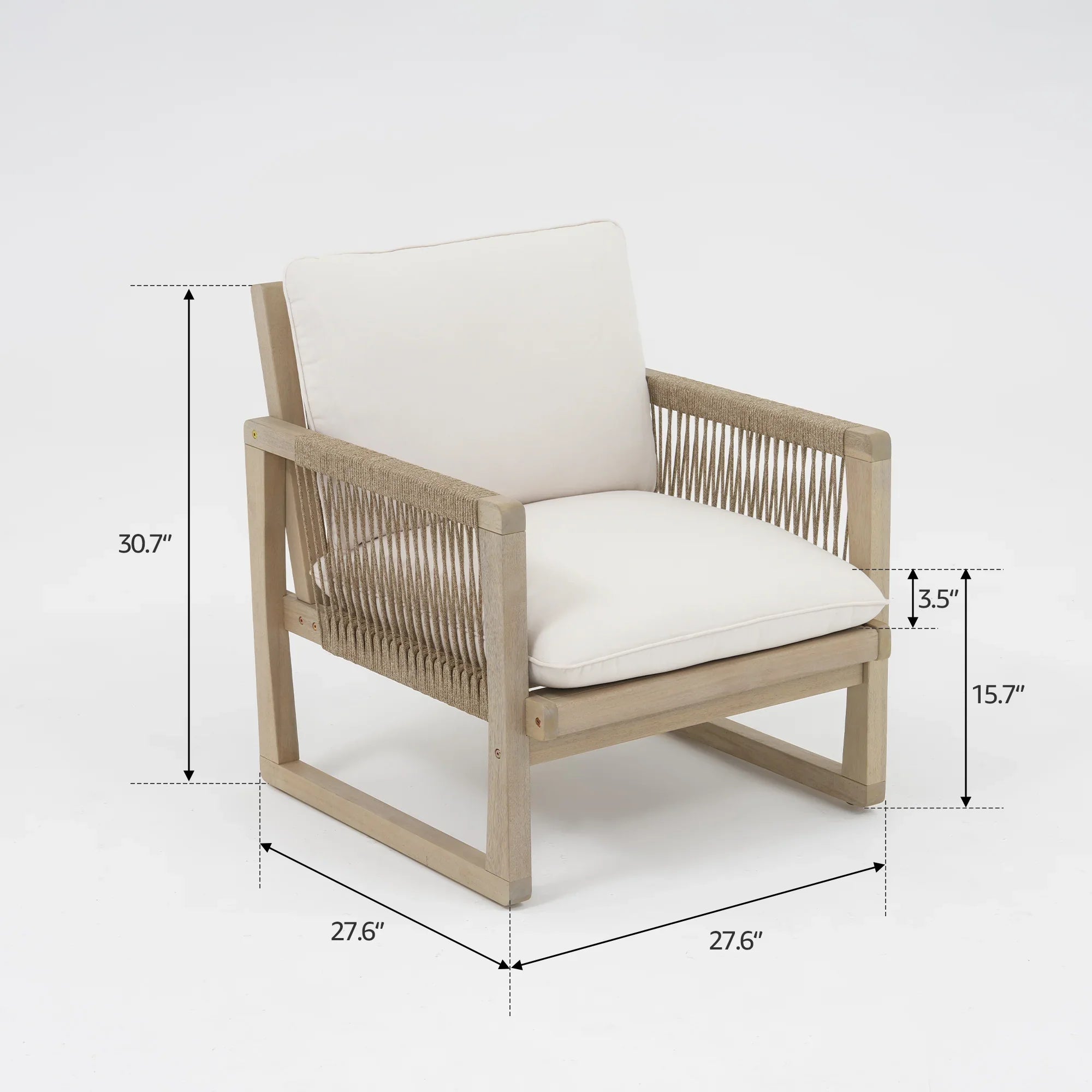 Wooden armchair with white cushions and dimensions
