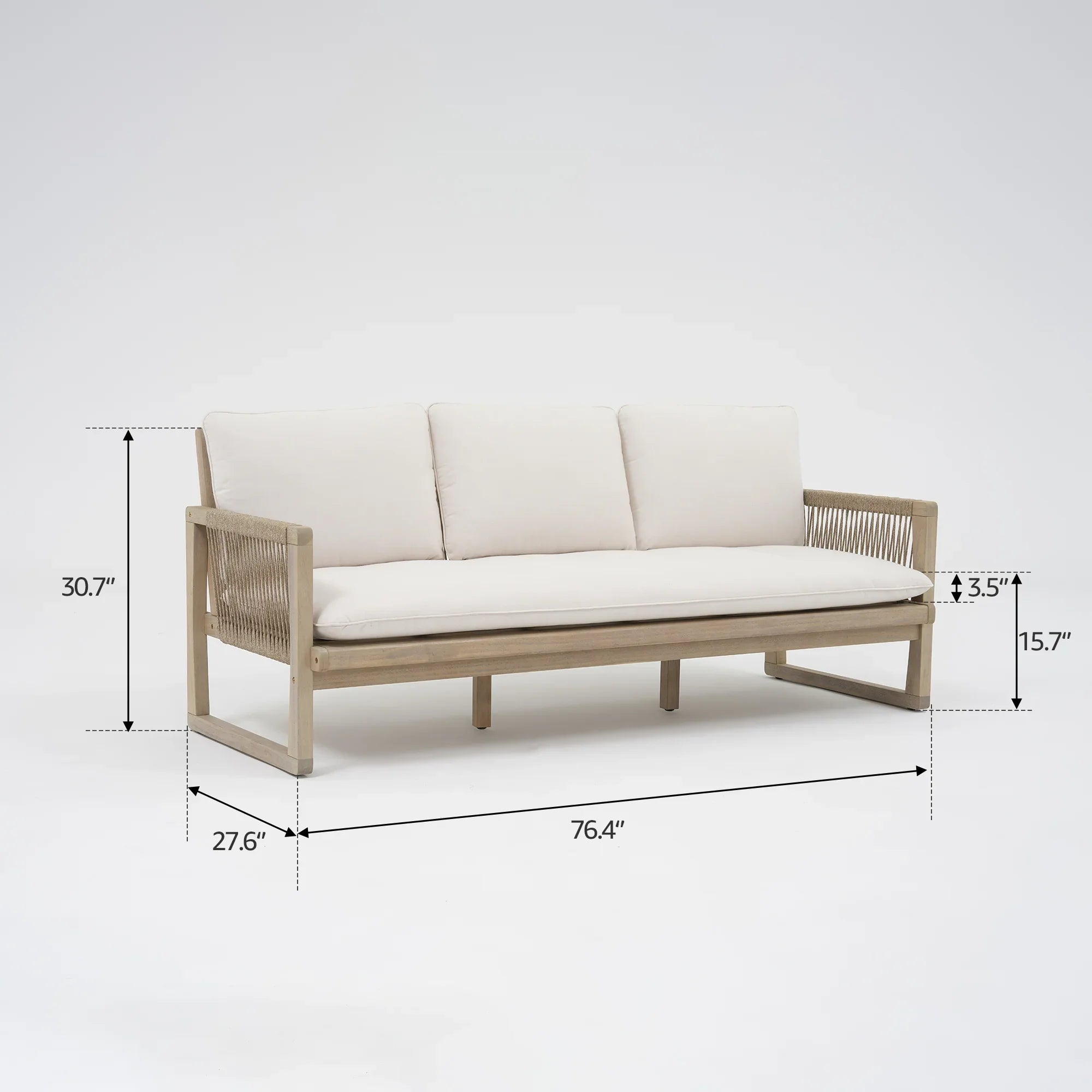 Beige outdoor sofa with white cushions and dimensions